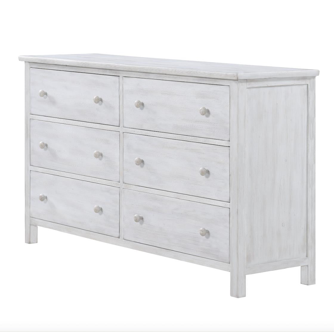 Geneva 6 Drawer Dresser. Distressed White Finish