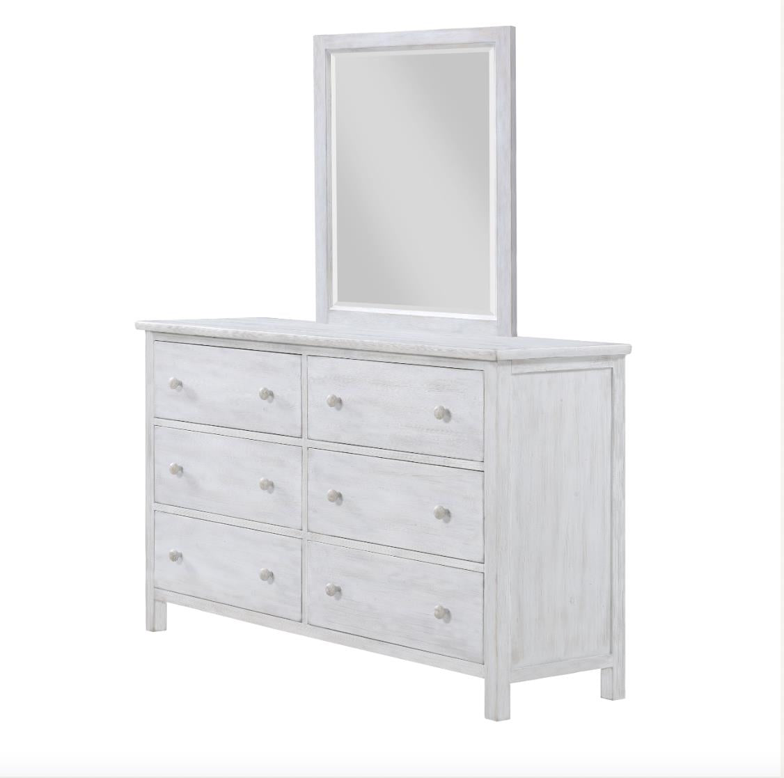 Geneva 6 Drawer Dresser. Distressed White Finish
