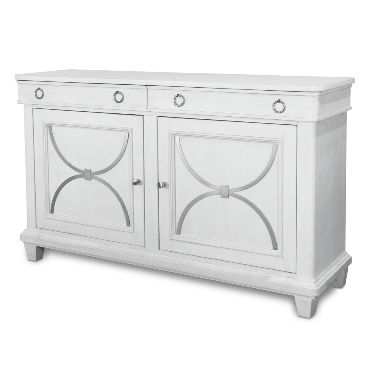 Point Breeze Credenza w/ Metal and Silver Tray (68"). Fresh White Finish