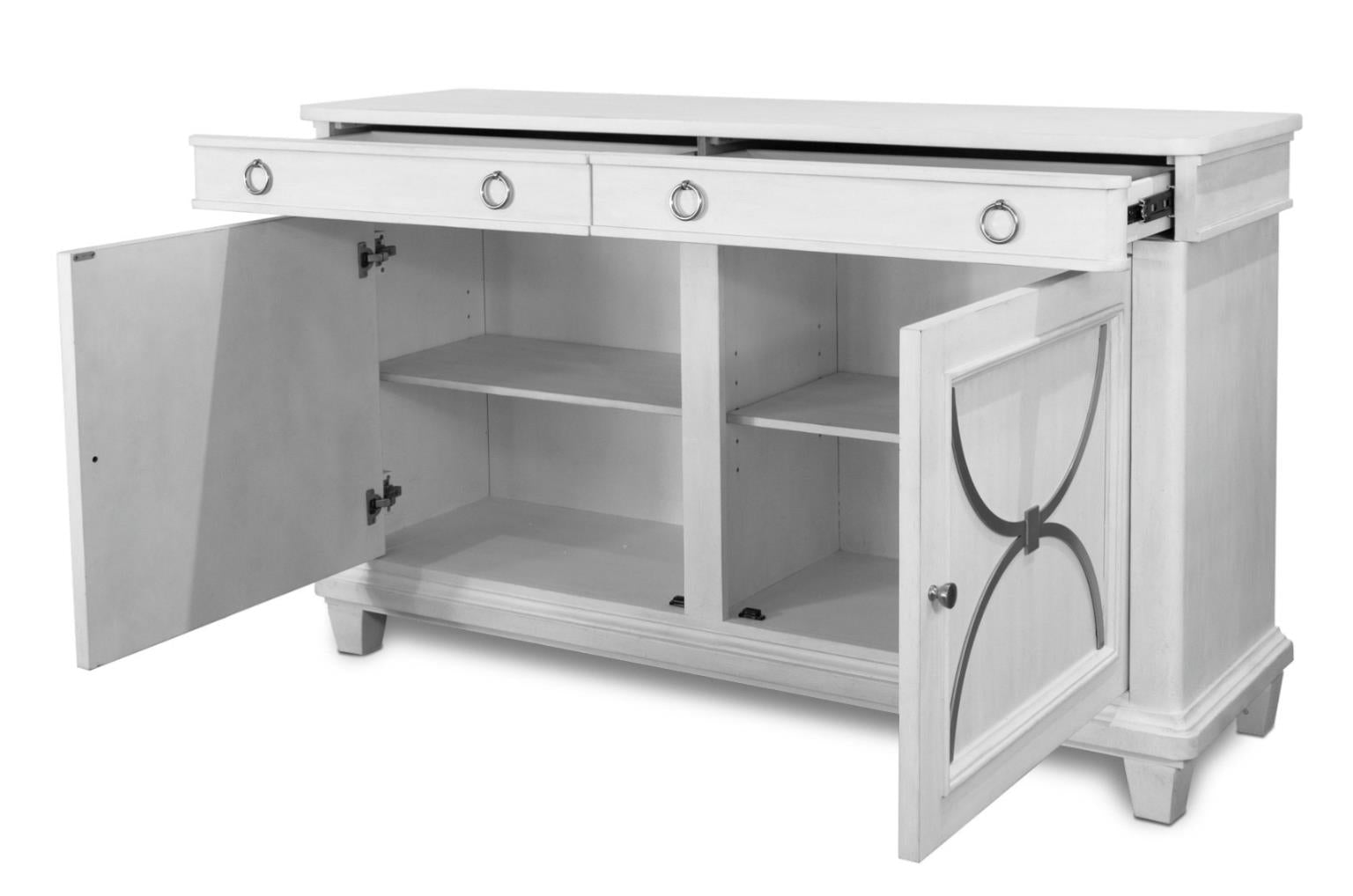 Point Breeze Credenza w/ Metal and Silver Tray (68"). Fresh White Finish
