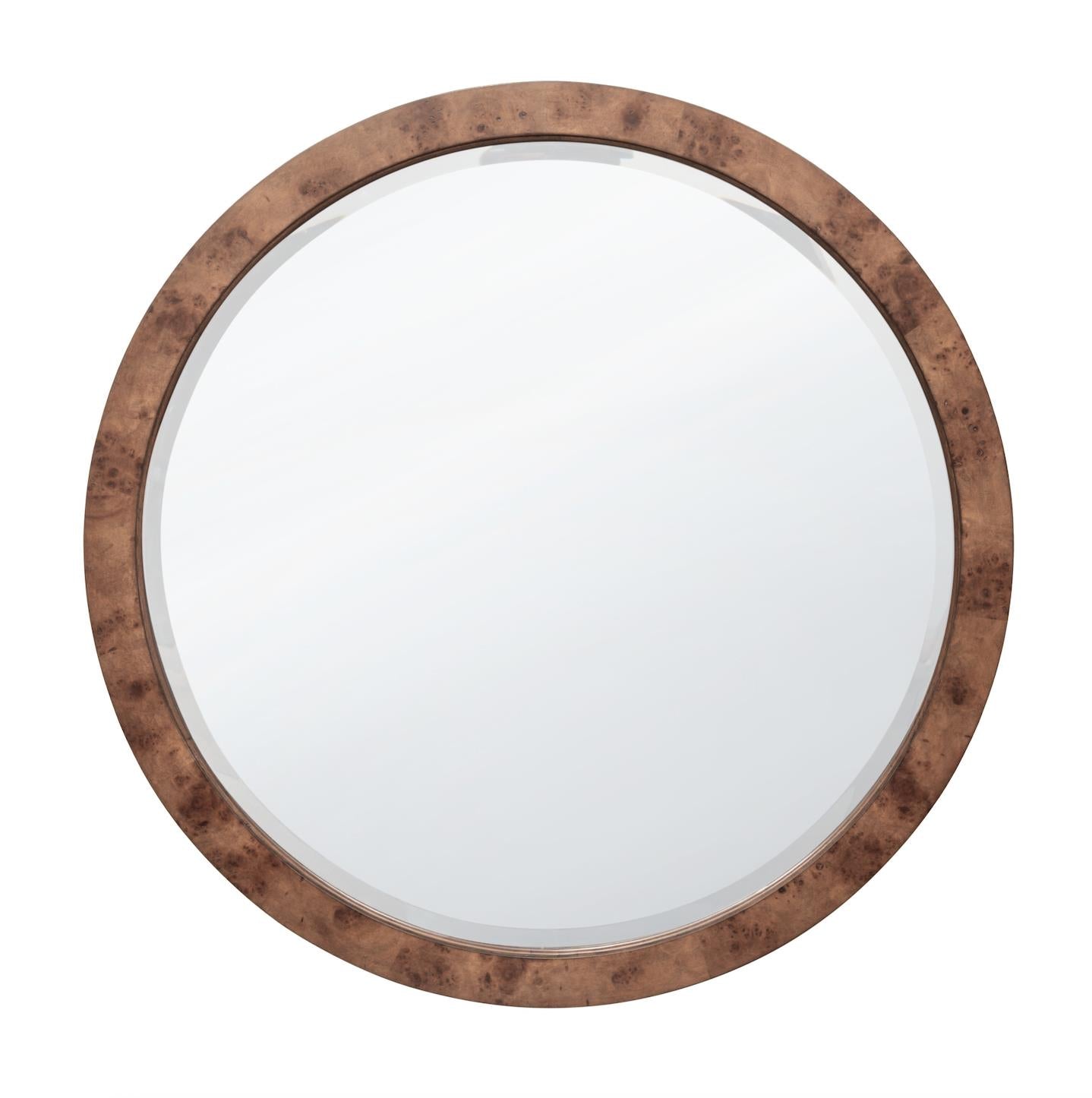 Manhattan Valley Round Mirror. Mappa Burl and Vintage Chestnut Finish