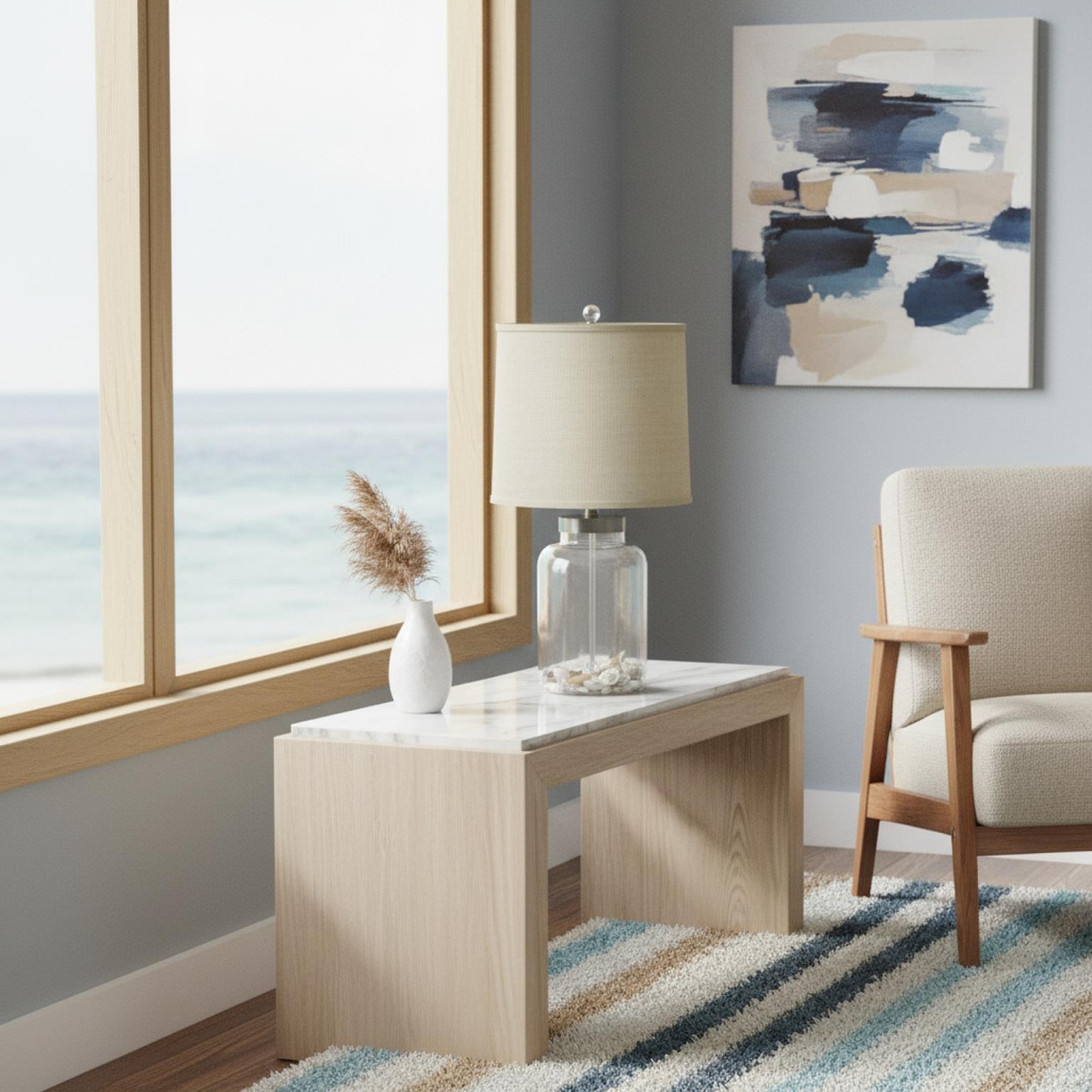Shoreline Treasures, 27" Glass Table Lamp w/ Seashells and Burlap Shade. Sold as 2 pack