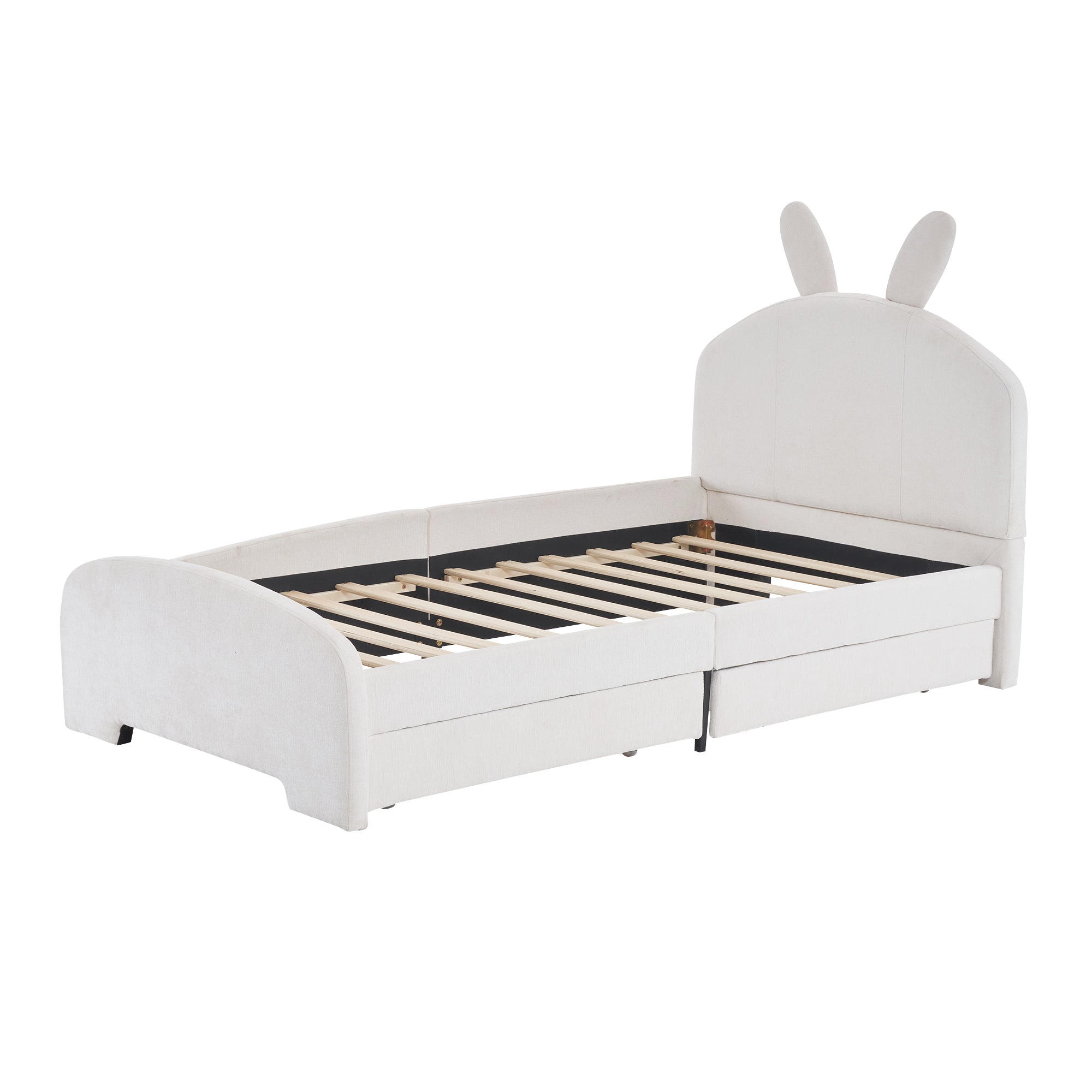 Twin Size Upholstered Platform Bed with Cartoon Ears Shaped Headboard and 2 Drawers, White - Atlantic Fine Furniture Melbourne FL
