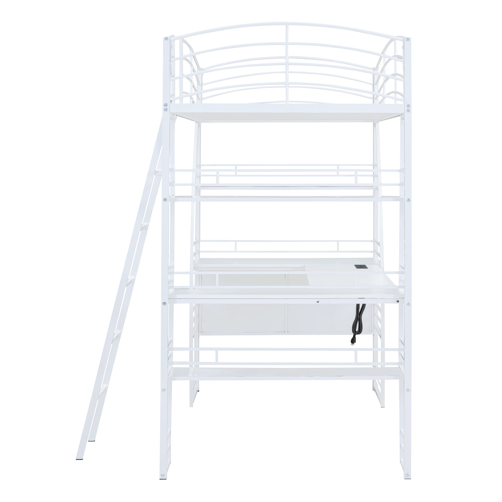 Twin Size Loft Bed with 4 Layers of Shelves and L-shaped Desk, Stylish Metal Frame Bed with a set of Sockets, USB Ports and and Wireless Charging, White - Atlantic Fine Furniture Melbourne FL