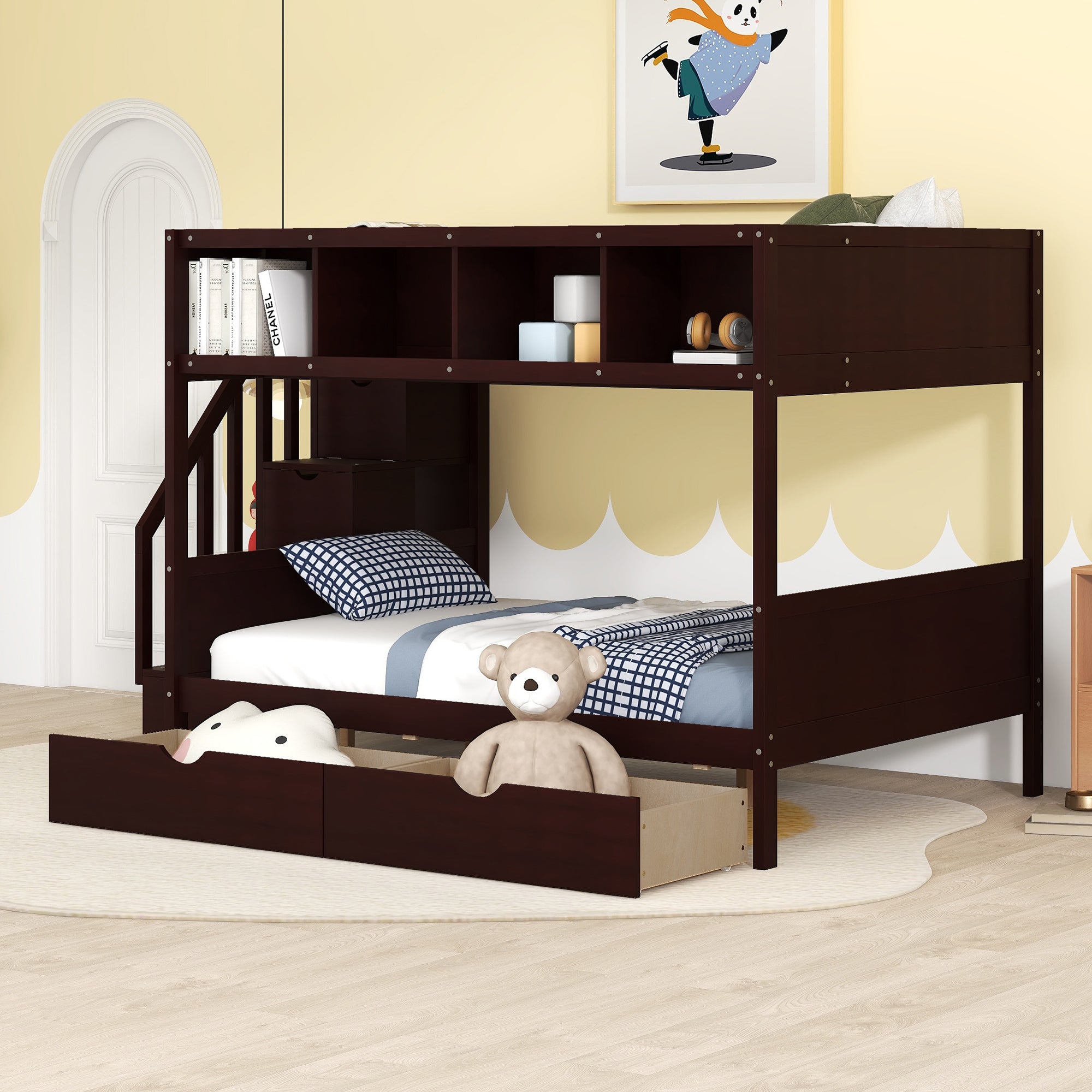 Twin over Full Bunk Bed with Shelfs, Storage Staircase and 2 Drawers, Espresso - Atlantic Fine Furniture Melbourne FL