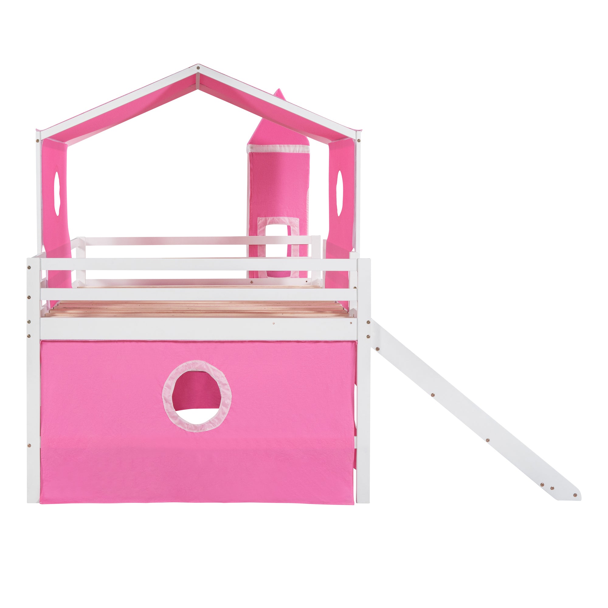 Full Size Bunk Bed with Slide Pink Tent and Tower - Pink