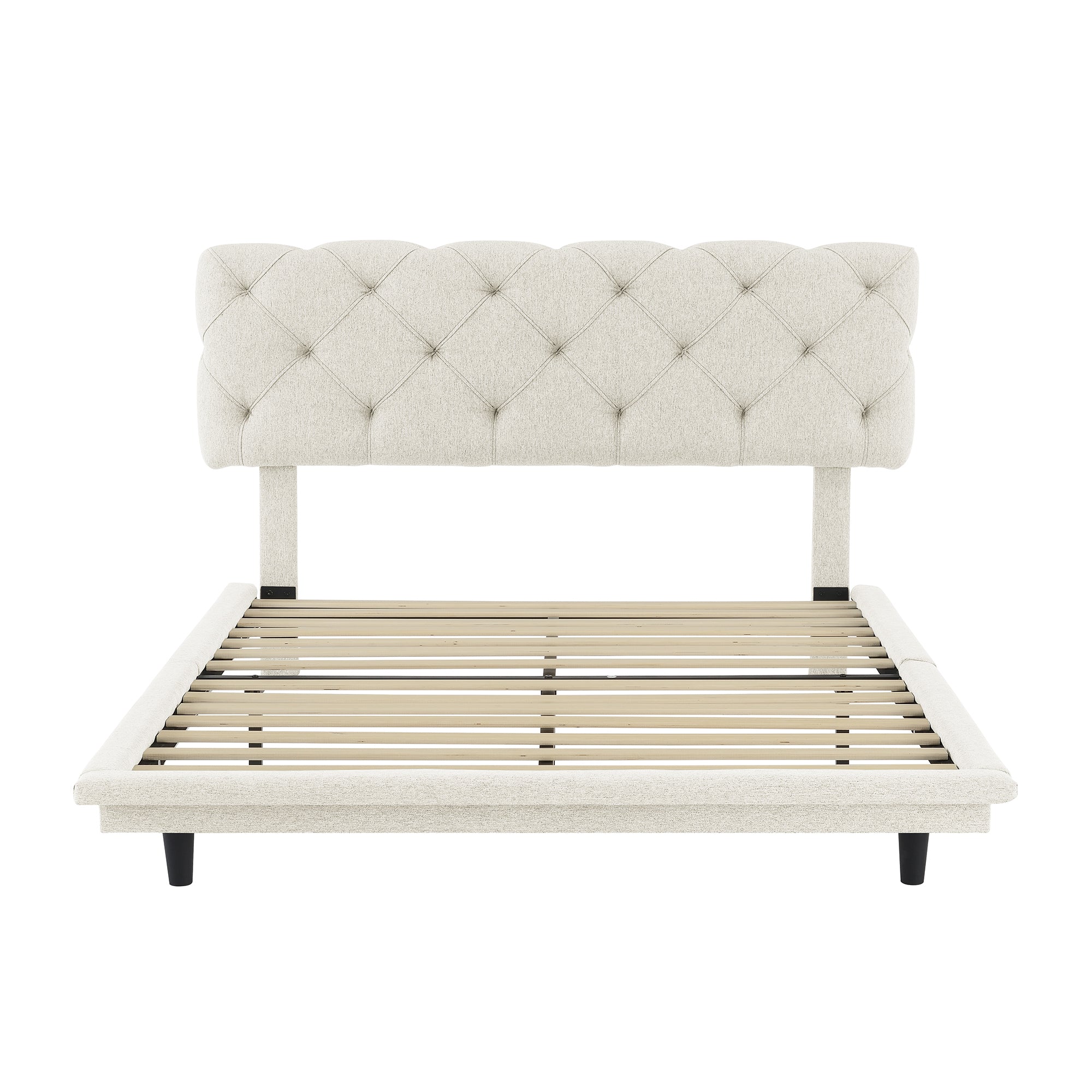 Full Size Upholstered Bed with Light Stripe, Floating Platform Bed, Linen Fabric,Beige - Atlantic Fine Furniture Melbourne FL