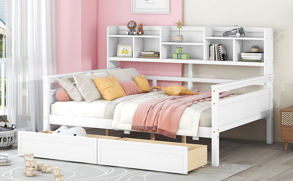 Full size Daybed, Wood Slat Support, with Bedside Shelf and Two Drawers, White - Atlantic Fine Furniture Melbourne FL
