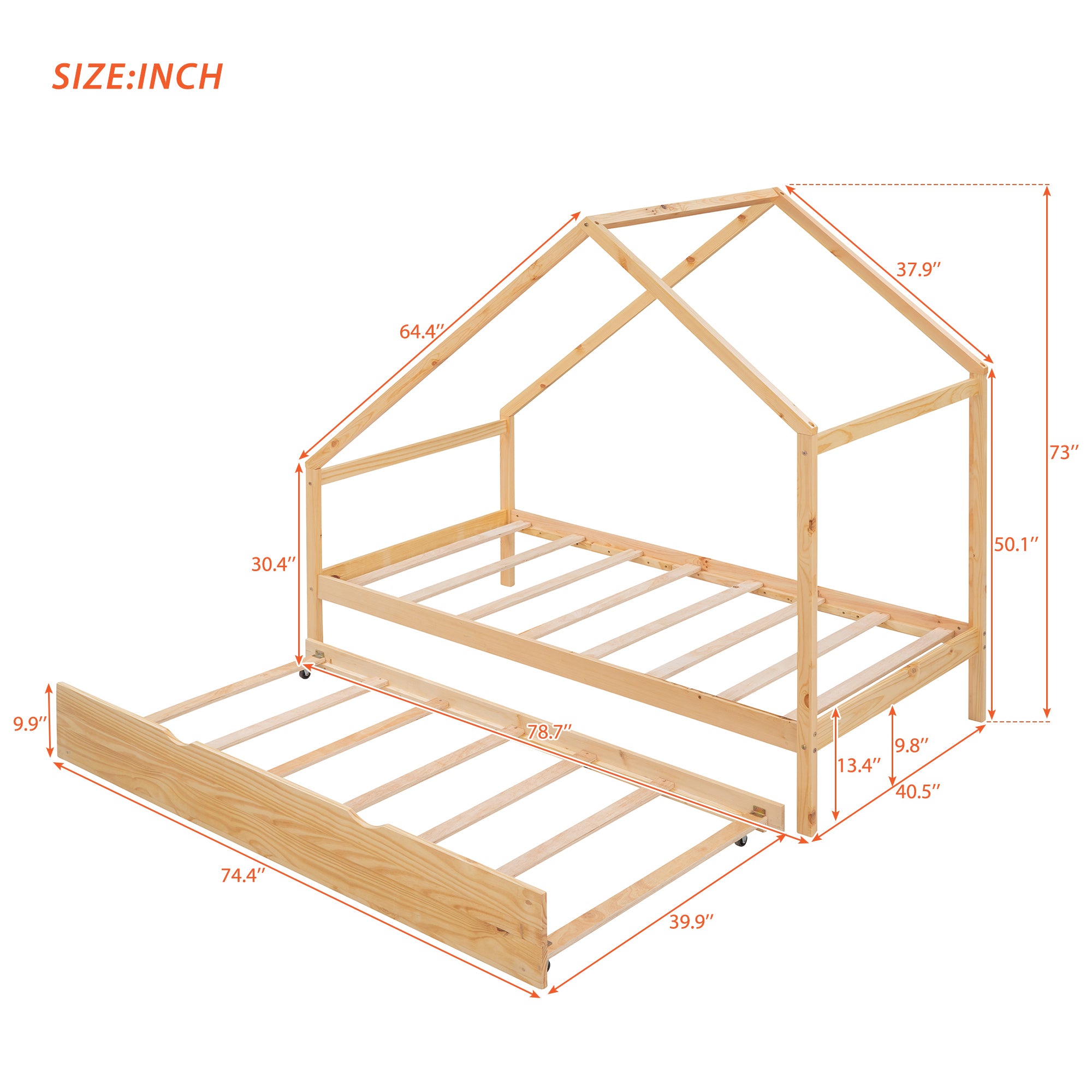 Twin Size Wooden House Bed With Twin Size Trundle, Natural - Atlantic Fine Furniture Melbourne FL