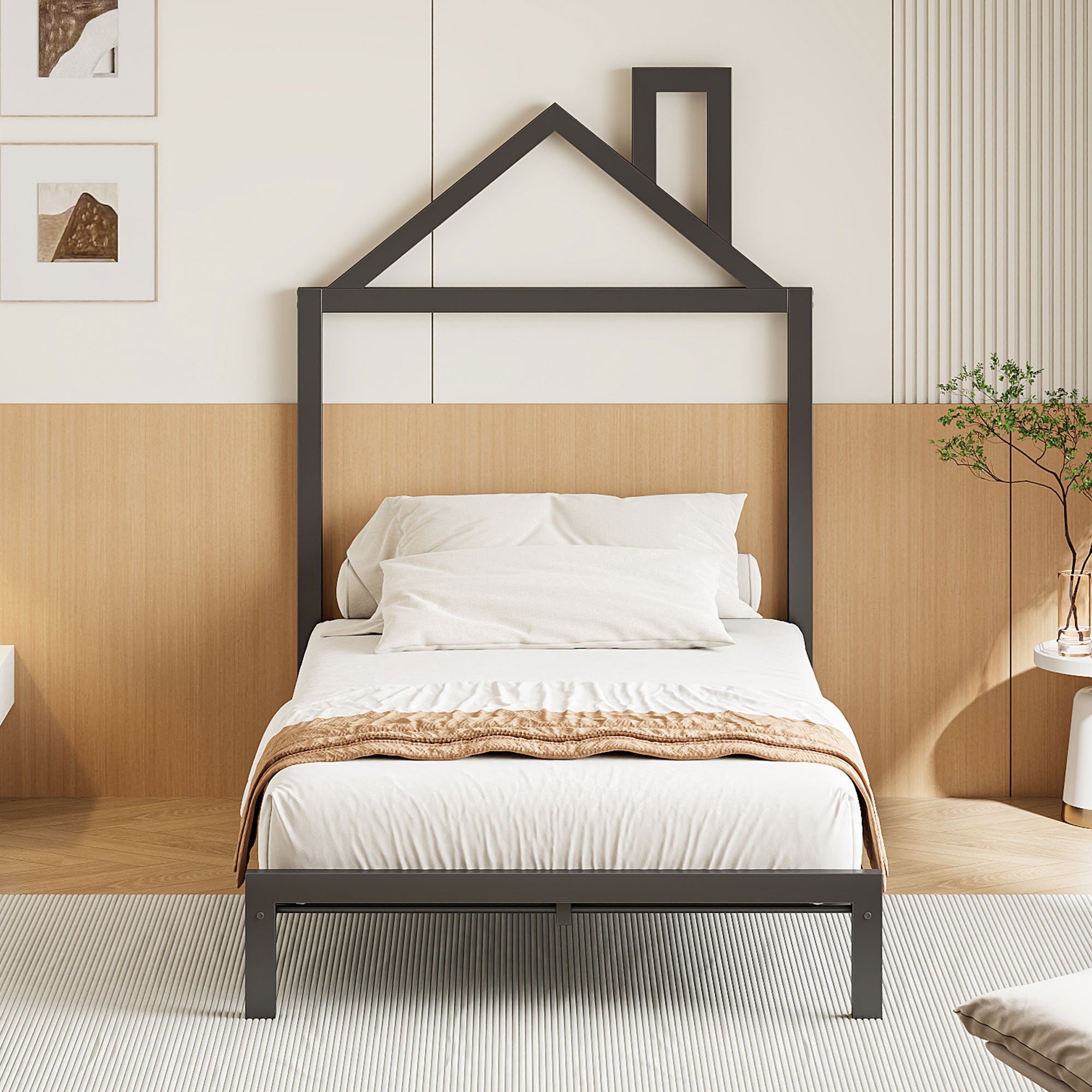 Twin Size Metal Platform Bed with House-Shaped Headboard Design, Black - Atlantic Fine Furniture Melbourne FL