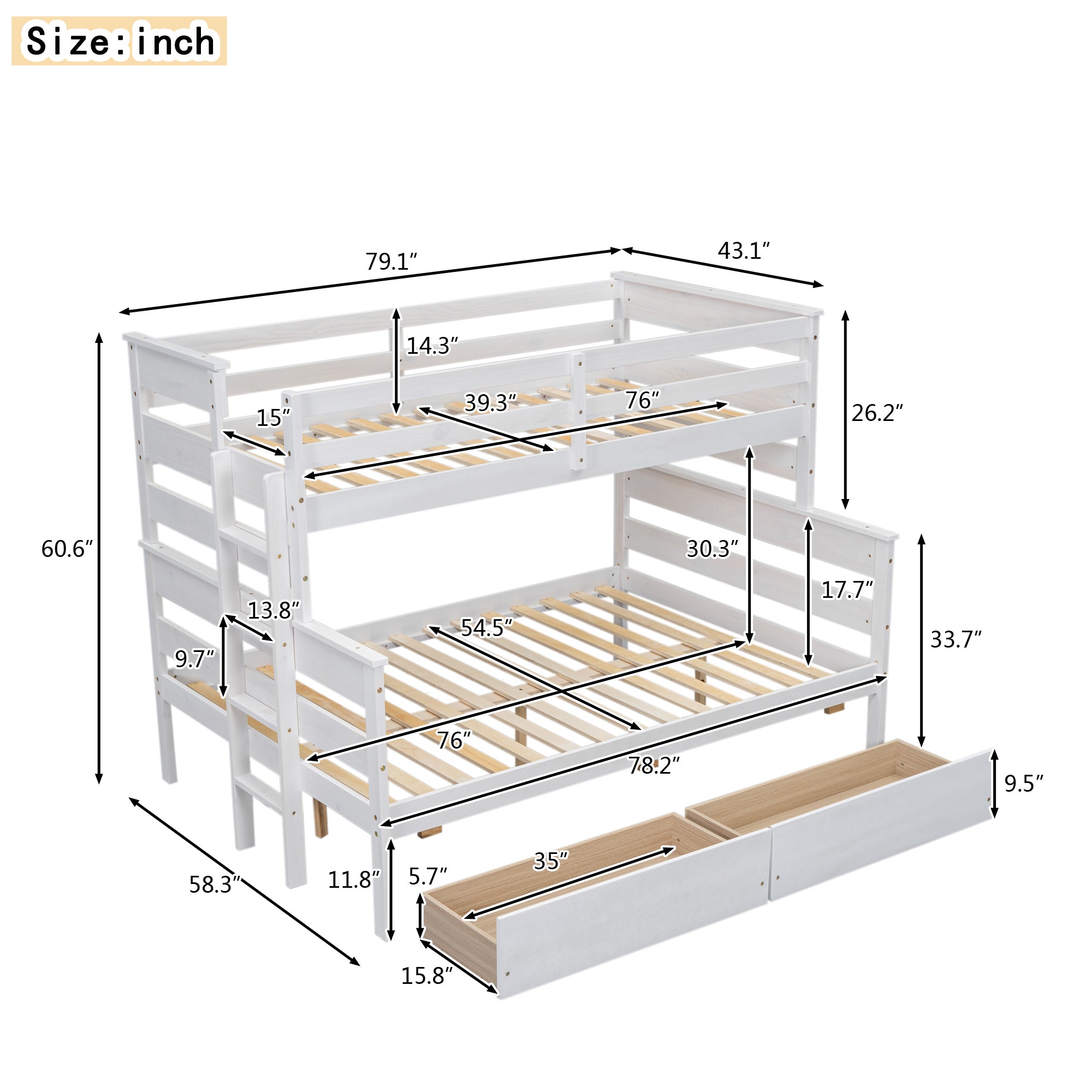 Wood Twin over Full Bunk Bed with 2 Drawers, White - Atlantic Fine Furniture Melbourne FL