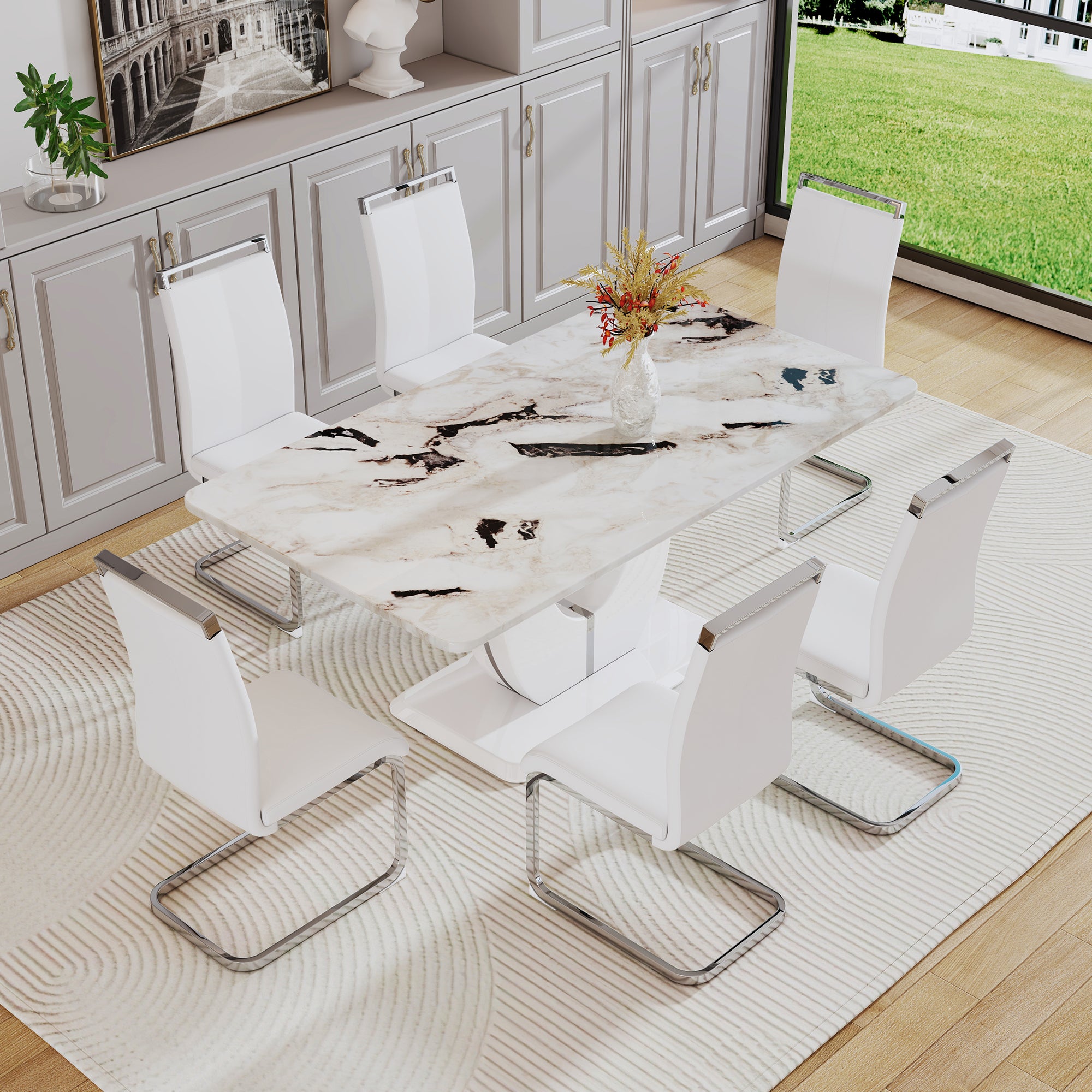 Table and chair set, modern minimalism and luxurious white rectangular pattern dining table. Soft and comfortable dining chair, for dining room, living room, terrace and kitchen.