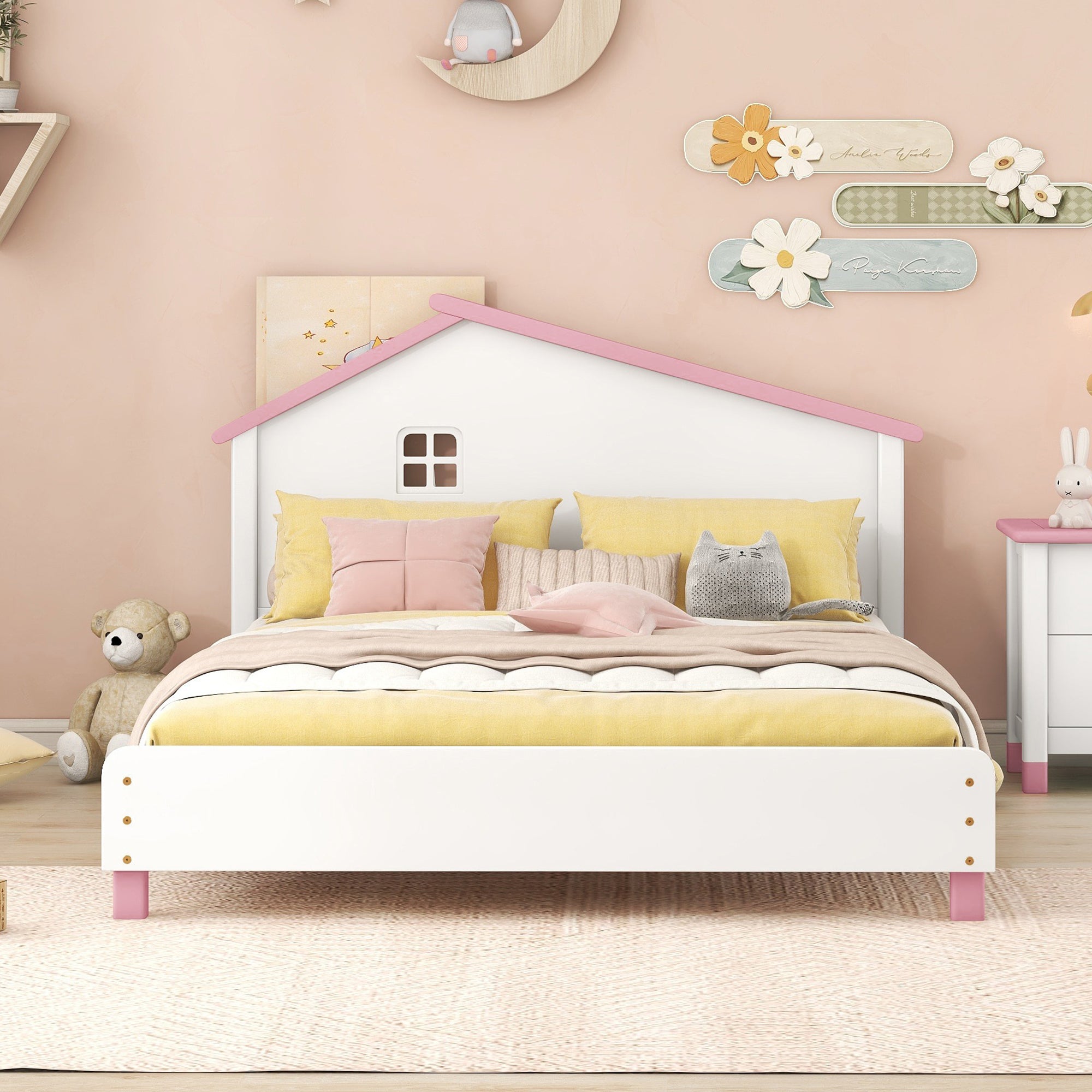 Full Size Wood Platform Bed with House-shaped Headboard (White+Pink)