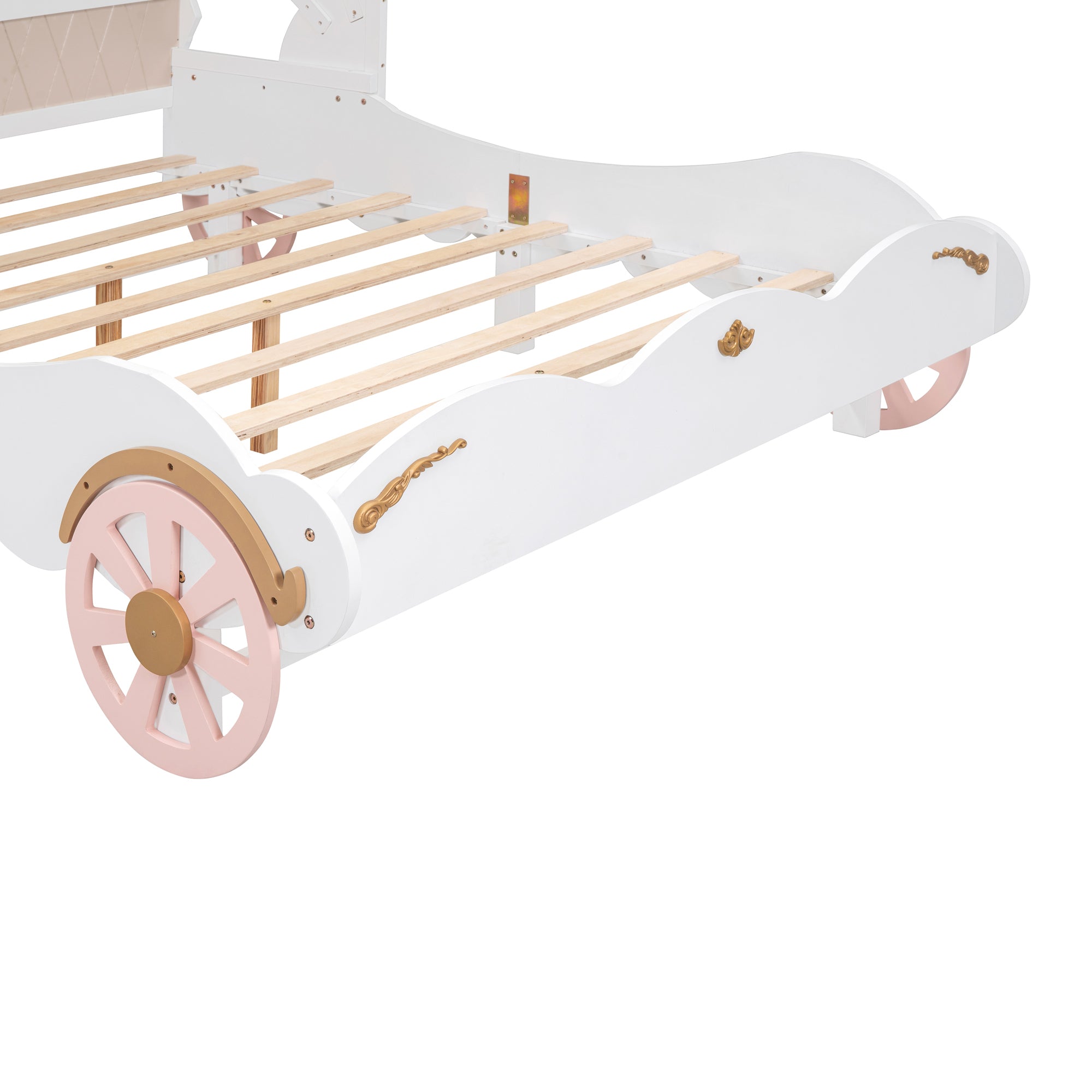 Full Size Princess Carriage Bed with Canopy, Wood Platform Car Bed with 3D Carving Pattern, White+Pink+Gold - Atlantic Fine Furniture Melbourne FL
