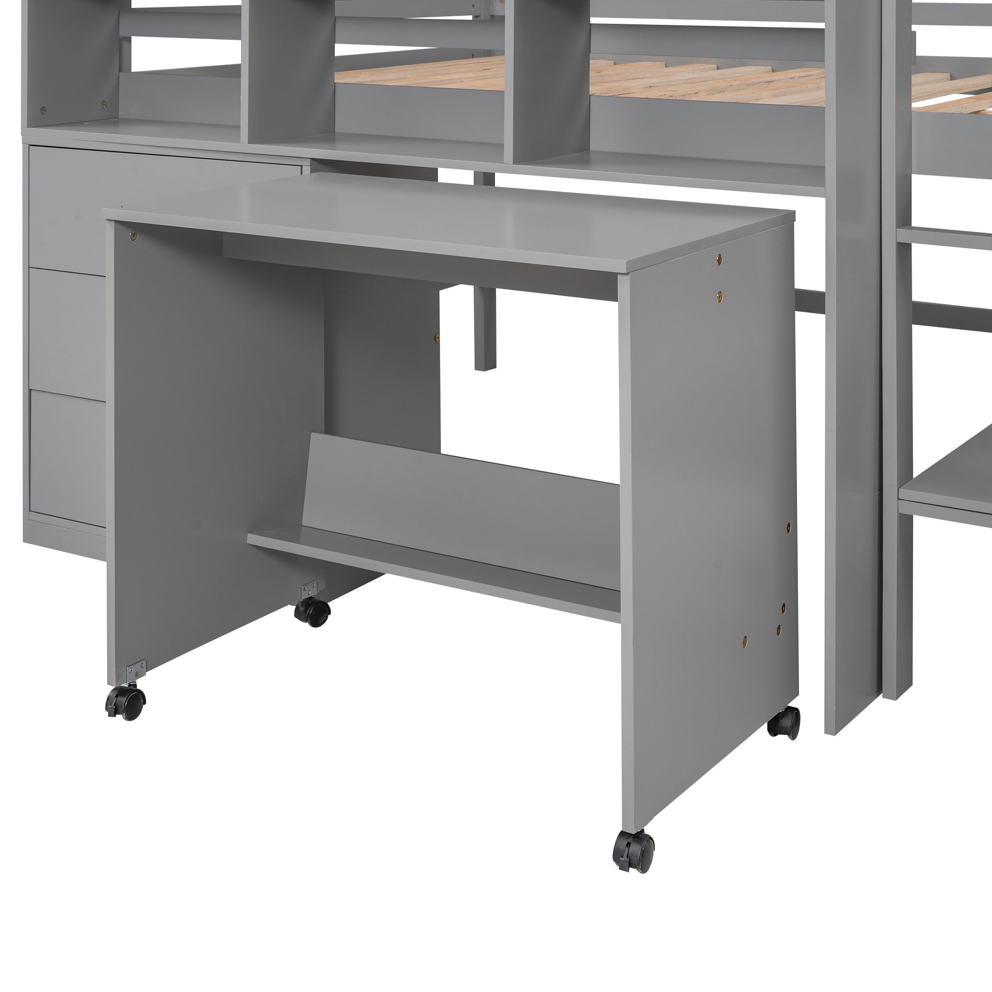 Full Size Low Loft Bed with Rolling Portable Desk, Drawers and Shelves, Gray(Old SKU: GX000711AAE) - Atlantic Fine Furniture Melbourne FL