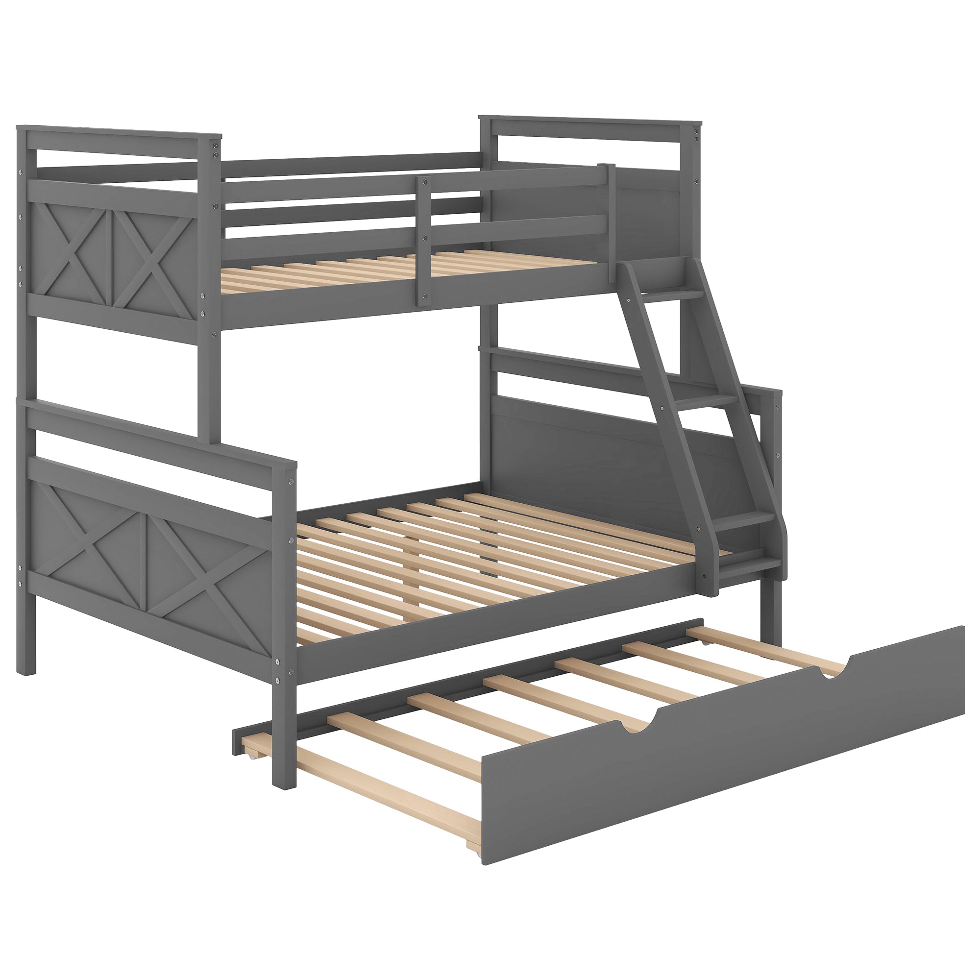 Twin over Full Bunk Bed with Ladder, Twin Size Trundle, Safety Guardrail, Gray - Atlantic Fine Furniture Melbourne FL
