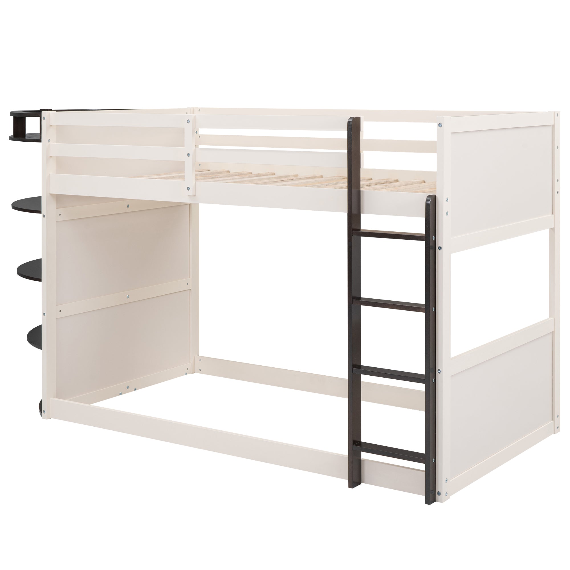 Twin over Twin Boat-Like Shape Bunk Bed with Storage Shelves, Cream+Espresso - Atlantic Fine Furniture Melbourne FL