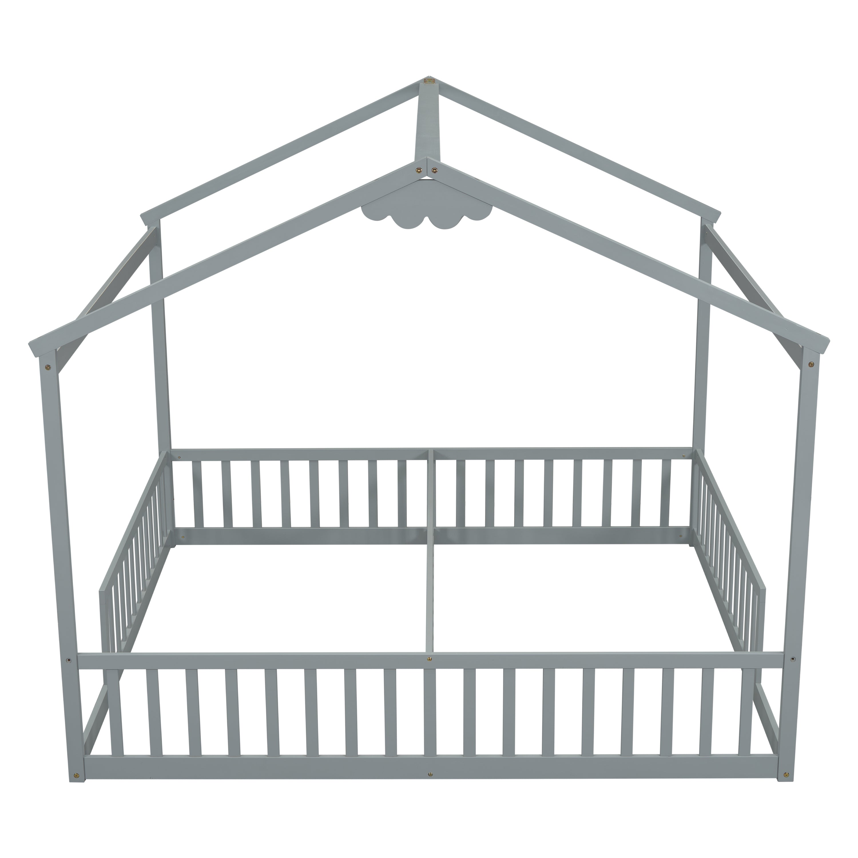 Double Twin House-Style Floor Bed with Fence, Guardrails, without door, Grey
