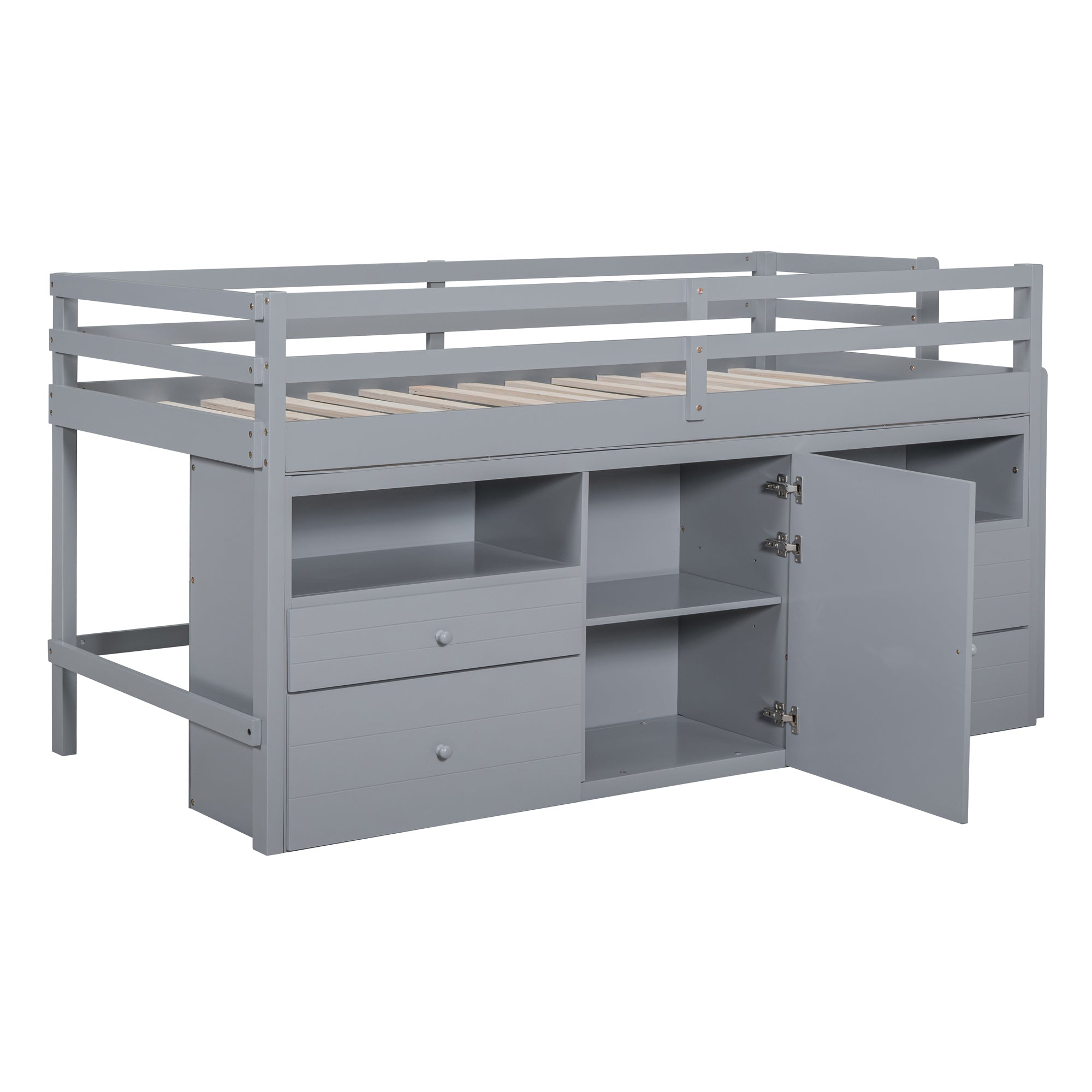 Twin Size Loft Bed with 4 Drawers, Underneath Cabinet and Shelves, Gray - Atlantic Fine Furniture Melbourne FL