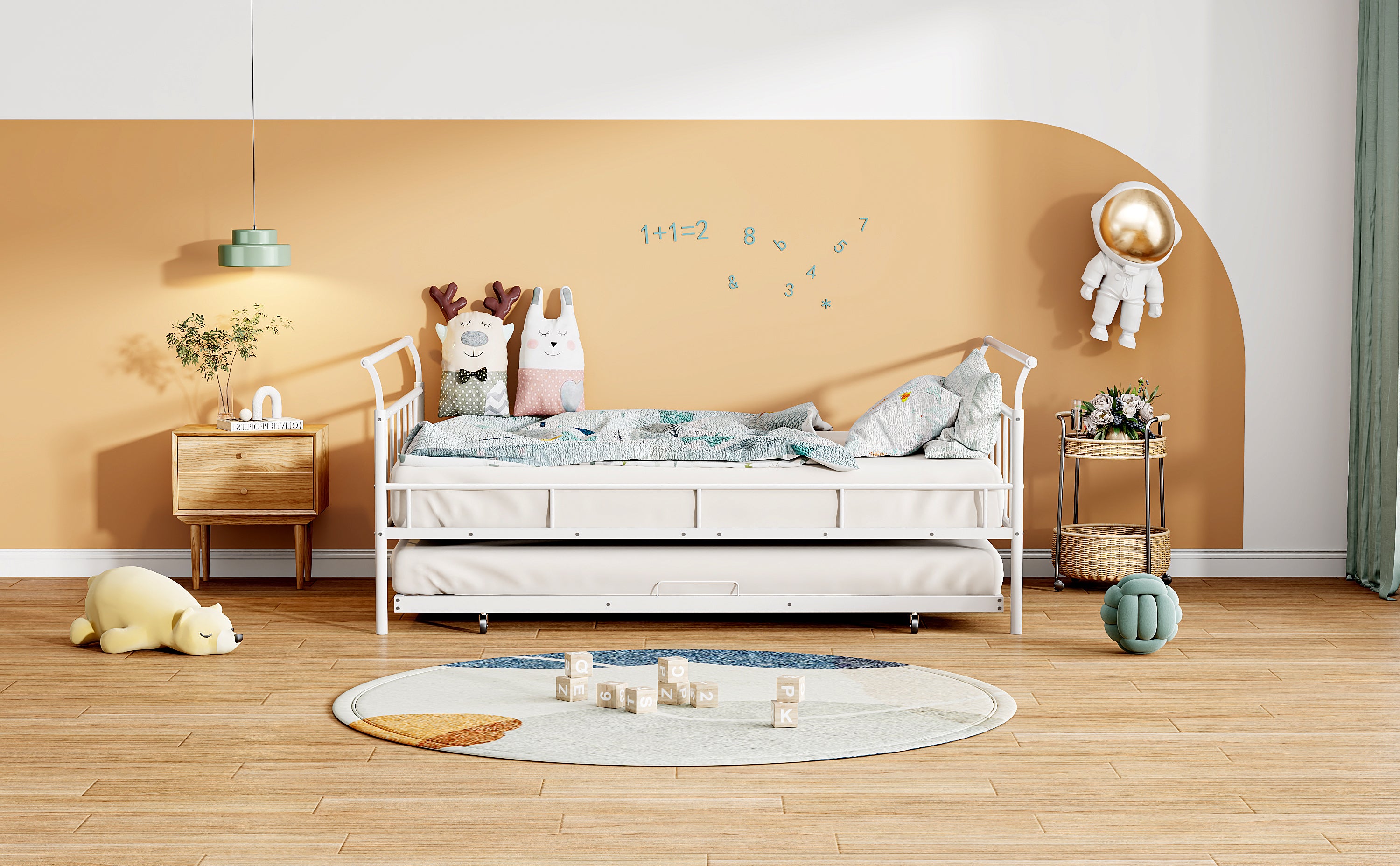 Full Size Metal Daybed with Curved Handle Design and Twin Size Trundle, White - Atlantic Fine Furniture Melbourne FL