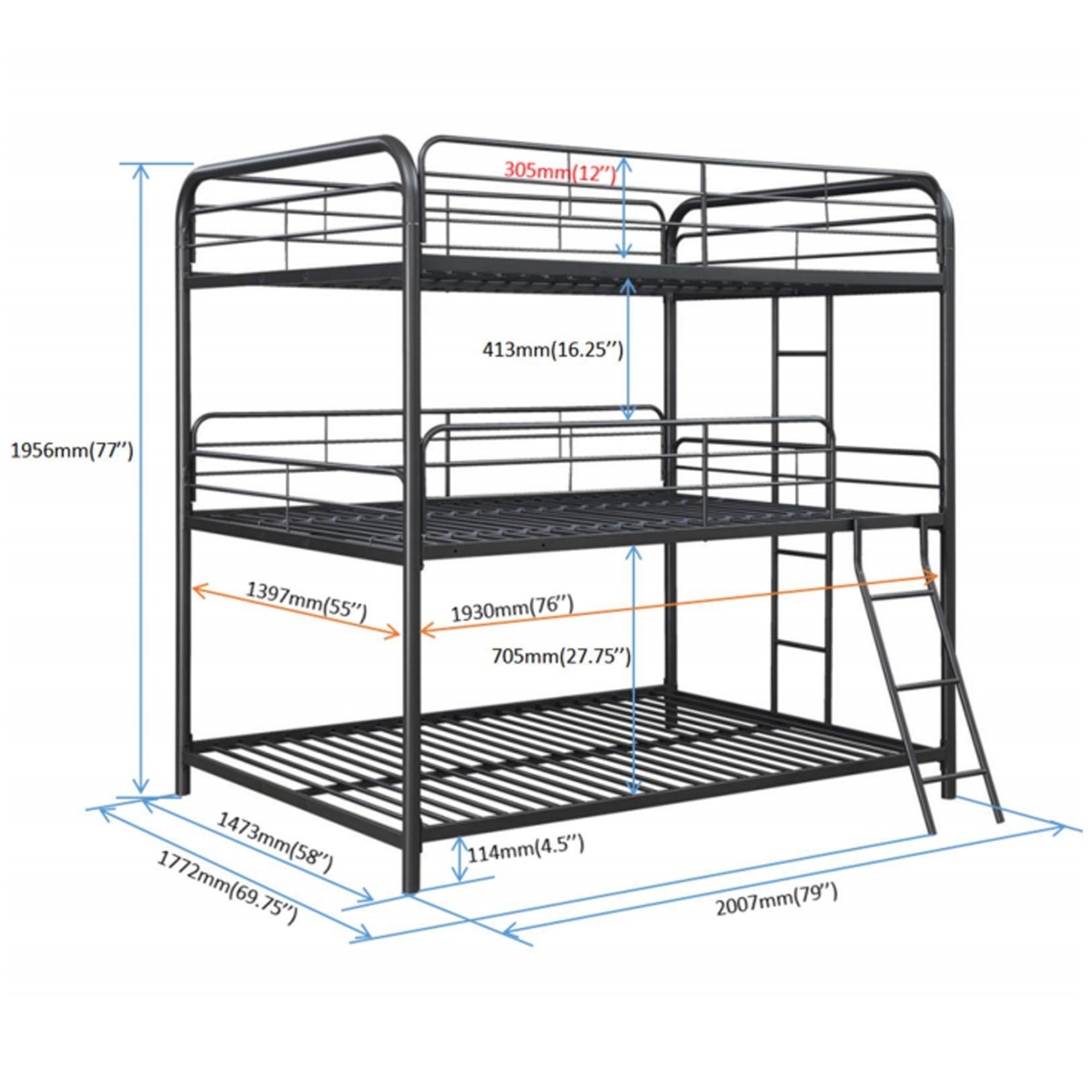 Furniture Triple Bunk Bed, FULL/FULL/FULL, black