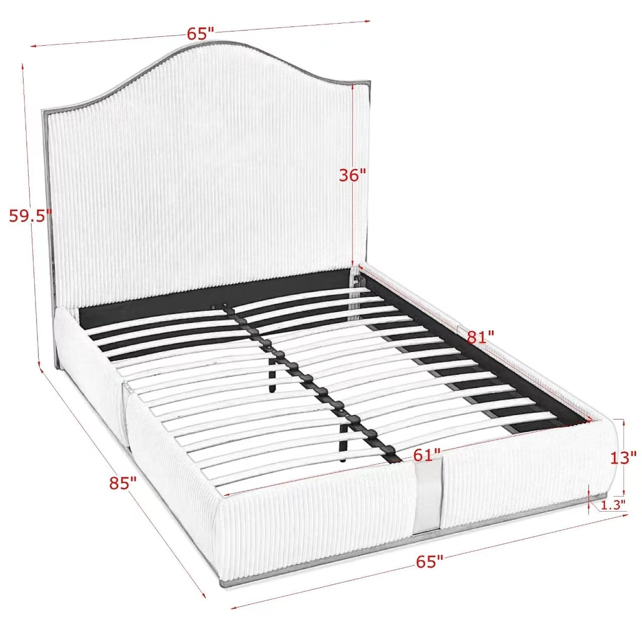 Corduroy Upholstered Bed Frame Queen Size 59.5" Tall Headboard Queen Bed Frame Metal Decoration /No Box Spring Needed - Atlantic Fine Furniture Melbourne FL