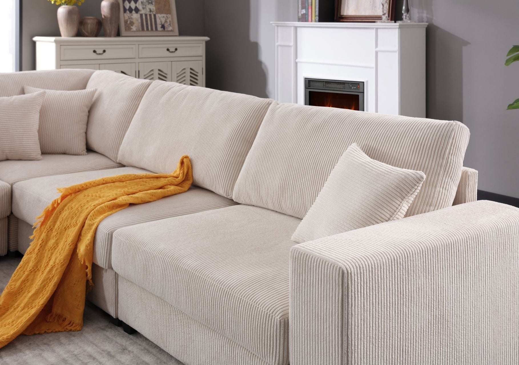 Oversized Modular Sectional Sofa Set,Corduroy Upholstered Deep Seat Comfy Sofa Beige