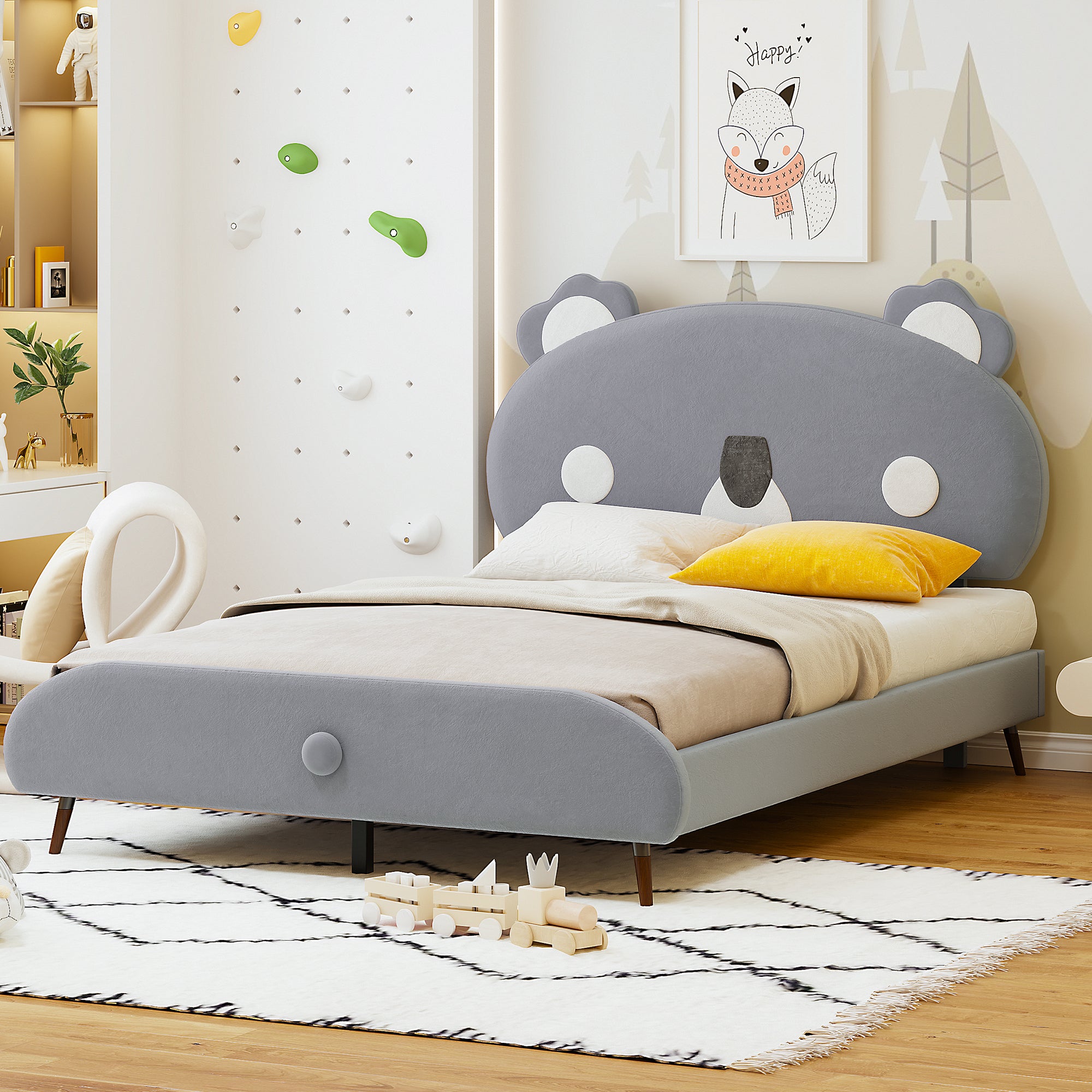Full Size Upholstered Platform Bed with Koala-Shaped Headboard, Gray - Atlantic Fine Furniture Melbourne FL