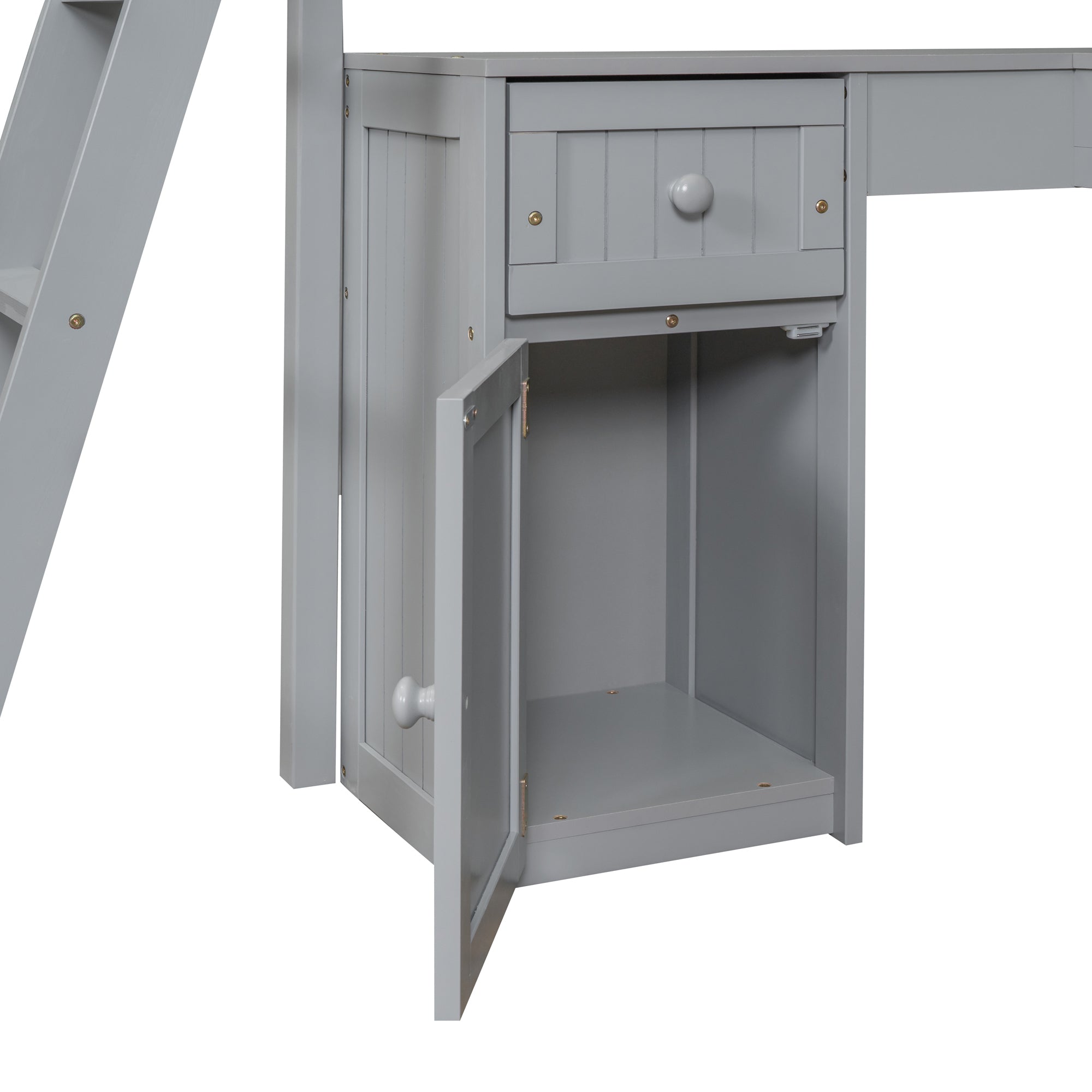 Twin size Loft Bed with Drawers, Cabinet, Shelves and Desk, Wooden Loft Bed with Desk - Gray(OLD SKU :LT000505AAE) - Atlantic Fine Furniture Melbourne FL