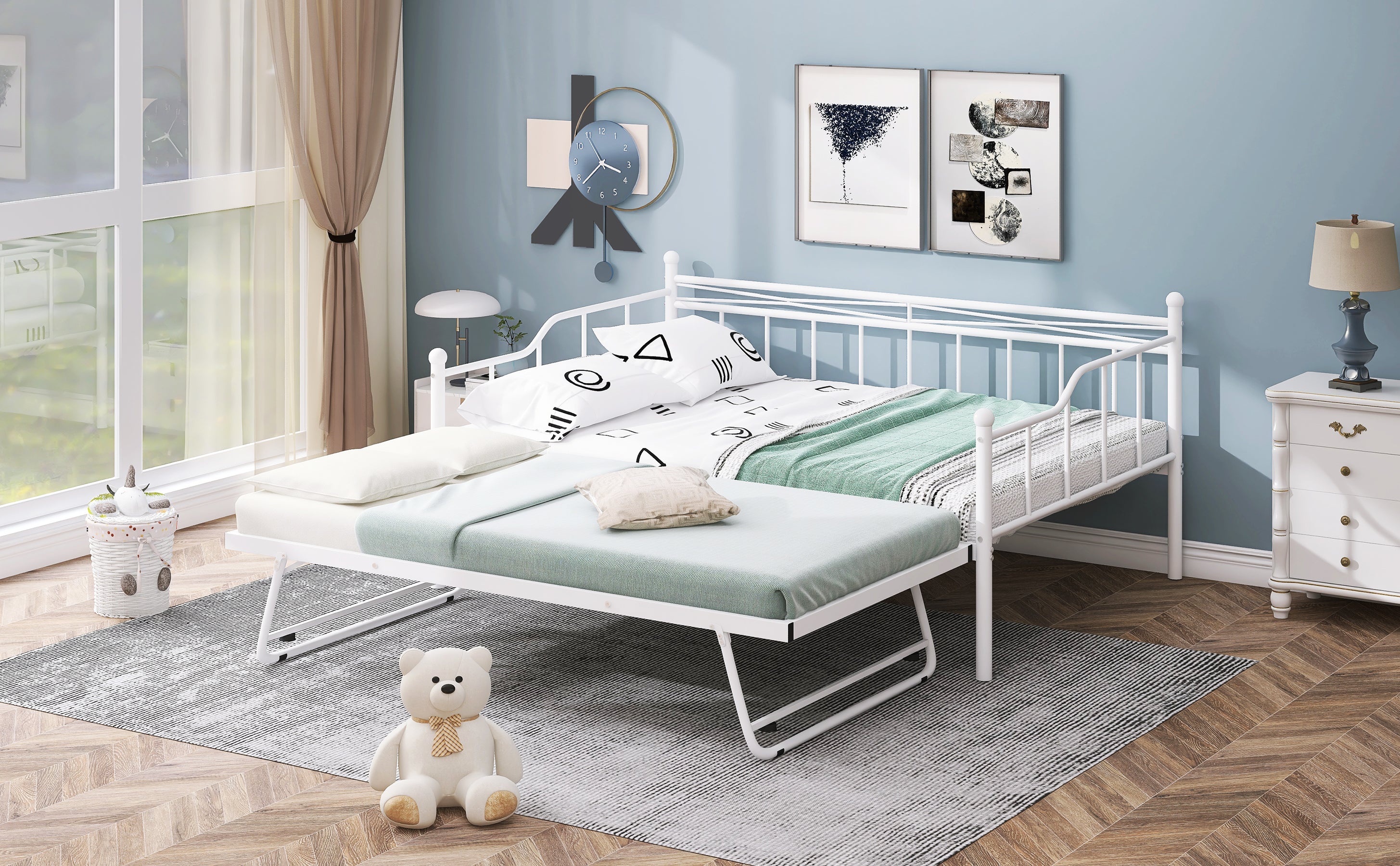 Full Size Metal Daybed with Twin Size Adjustable Trundle, Portable Folding Trundle, White(OLD SKU:MF293736AAK)