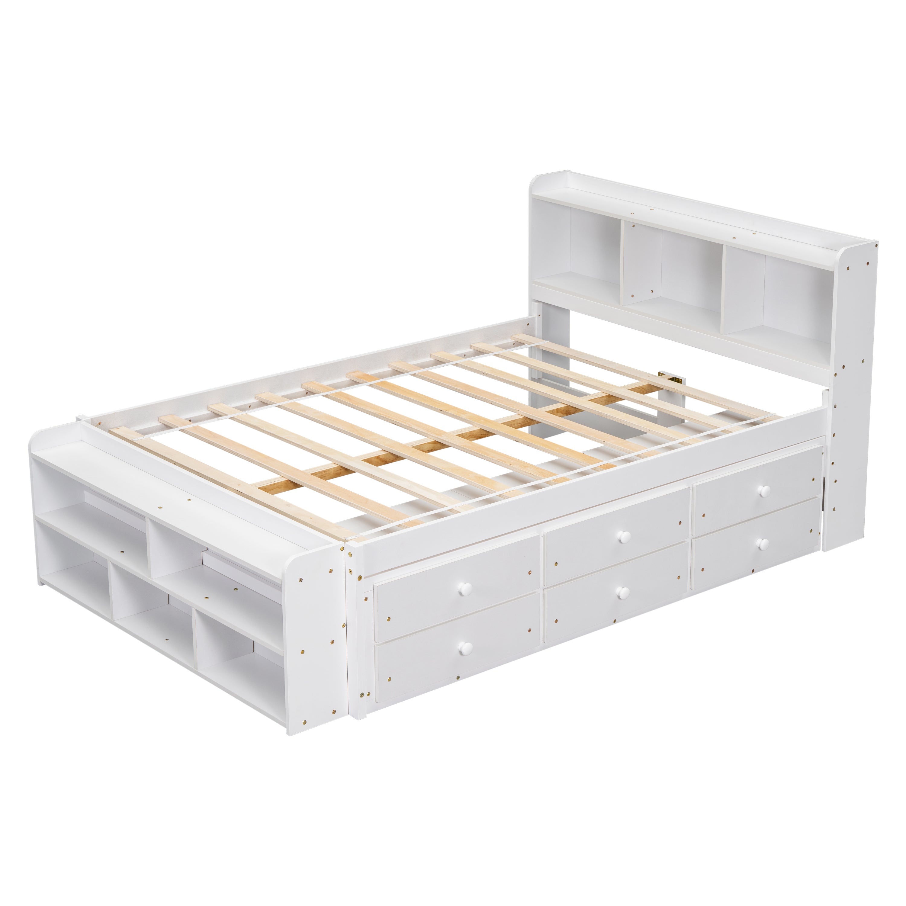 Full Bed with Bookcase Headboard, Under bed Storage Drawers and Bed End Storage Case,White