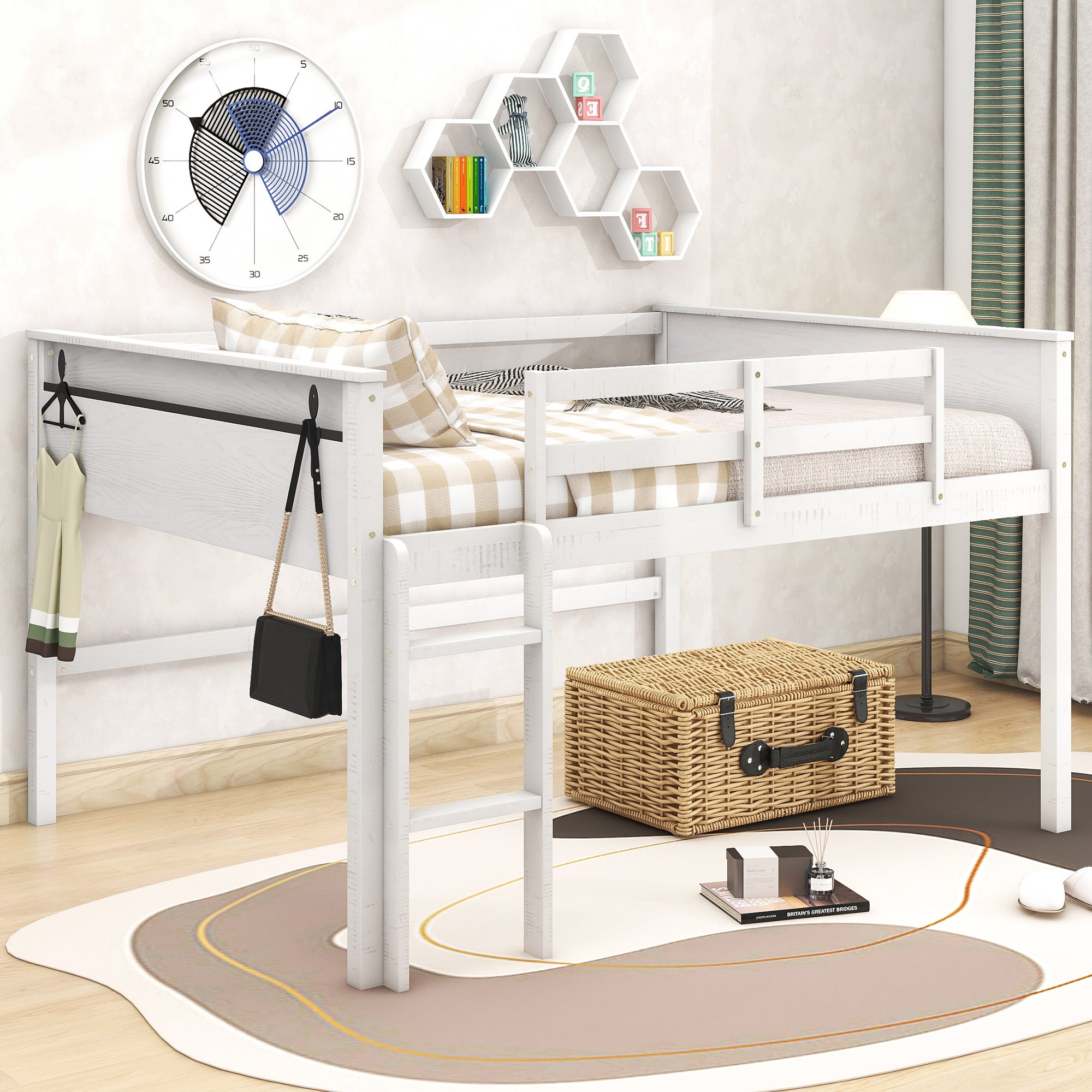 Wood Full Size Loft Bed with Hanging Clothes Racks, White - Atlantic Fine Furniture Melbourne FL