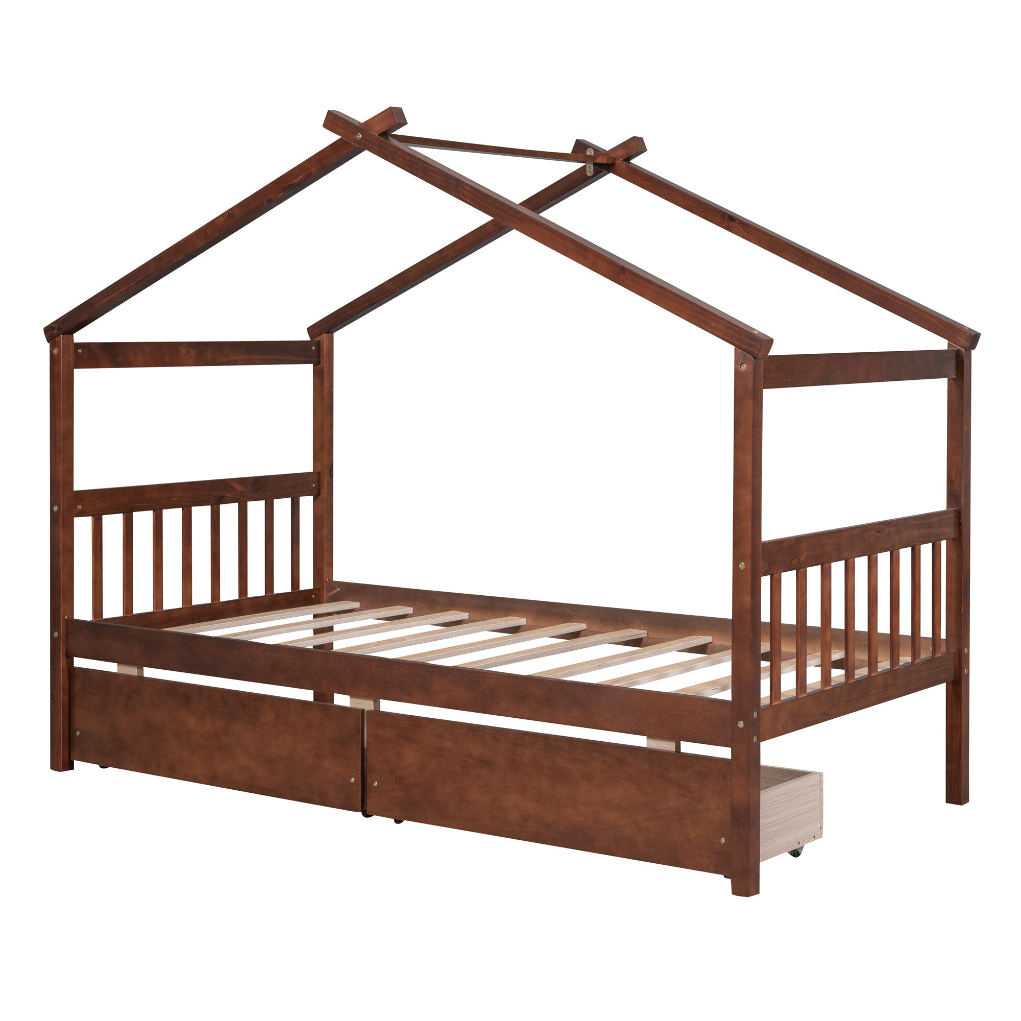 Twin Size Wooden House Bed with Drawers, Walnut - Atlantic Fine Furniture Melbourne FL