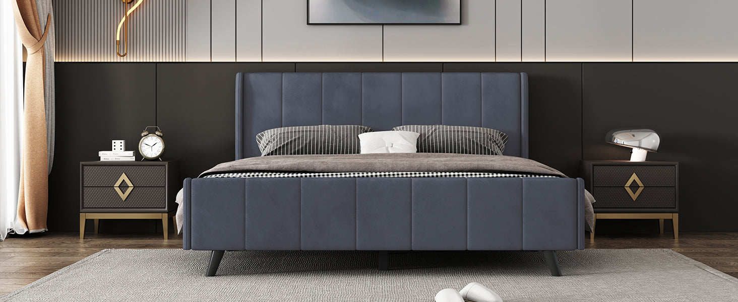 Queen Size Upholstered Platform Bed, Velvet, Gray - Atlantic Fine Furniture Melbourne FL