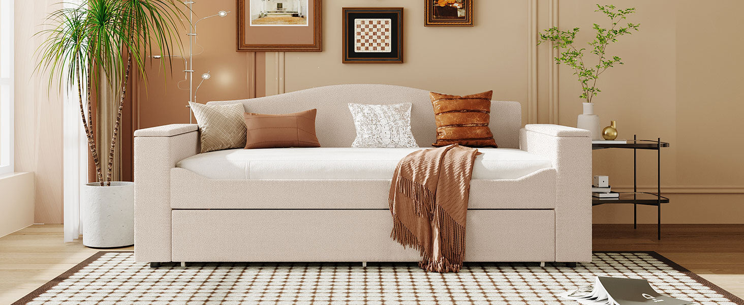 Twin Size Upholstered Daybed with Storage Armrests, Trundle and Latest Integrated Bluetooth Audio System, Teddy Fleece, Beige - Atlantic Fine Furniture Melbourne FL