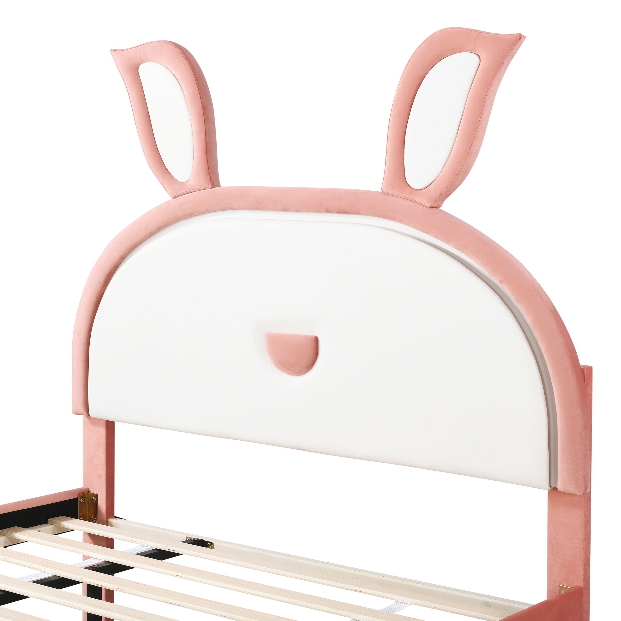 Full Size Upholstered Platform Bed with Trundle and 3 Drawers, Rabbit-Shaped Headboard with Embedded LED Lights, Pink