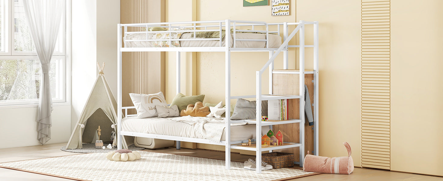 Twin Over Twin Metal Bunk Bed with Lateral Storage Ladder and Wardrobe, White - Atlantic Fine Furniture Melbourne FL