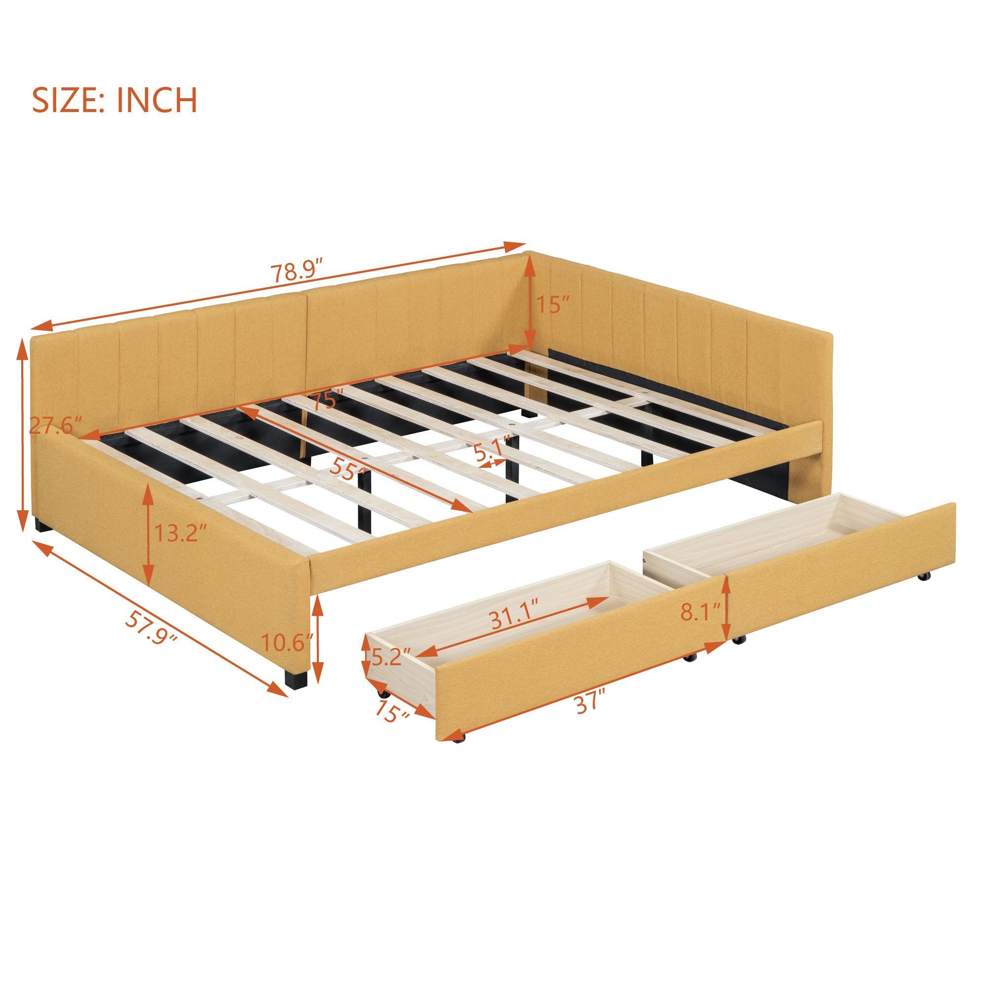Full Size Upholstered Daybed with 2 Storage Drawers Sofa Bed Frame No Box Spring Needed, Linen Fabric (Yellow) - Atlantic Fine Furniture Melbourne FL