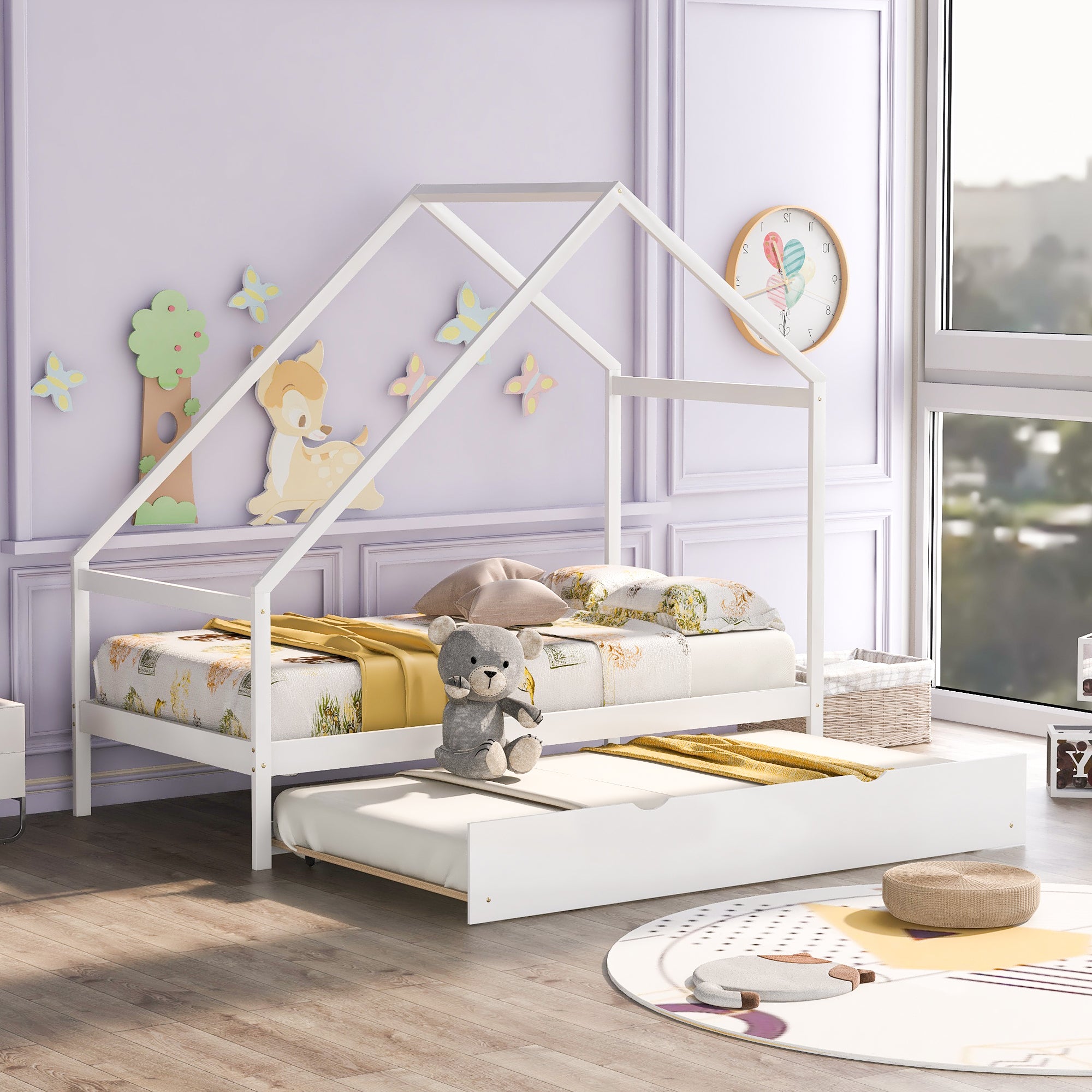 Twin Size Wooden House Bed With Twin Size Trundle, White - Atlantic Fine Furniture Melbourne FL