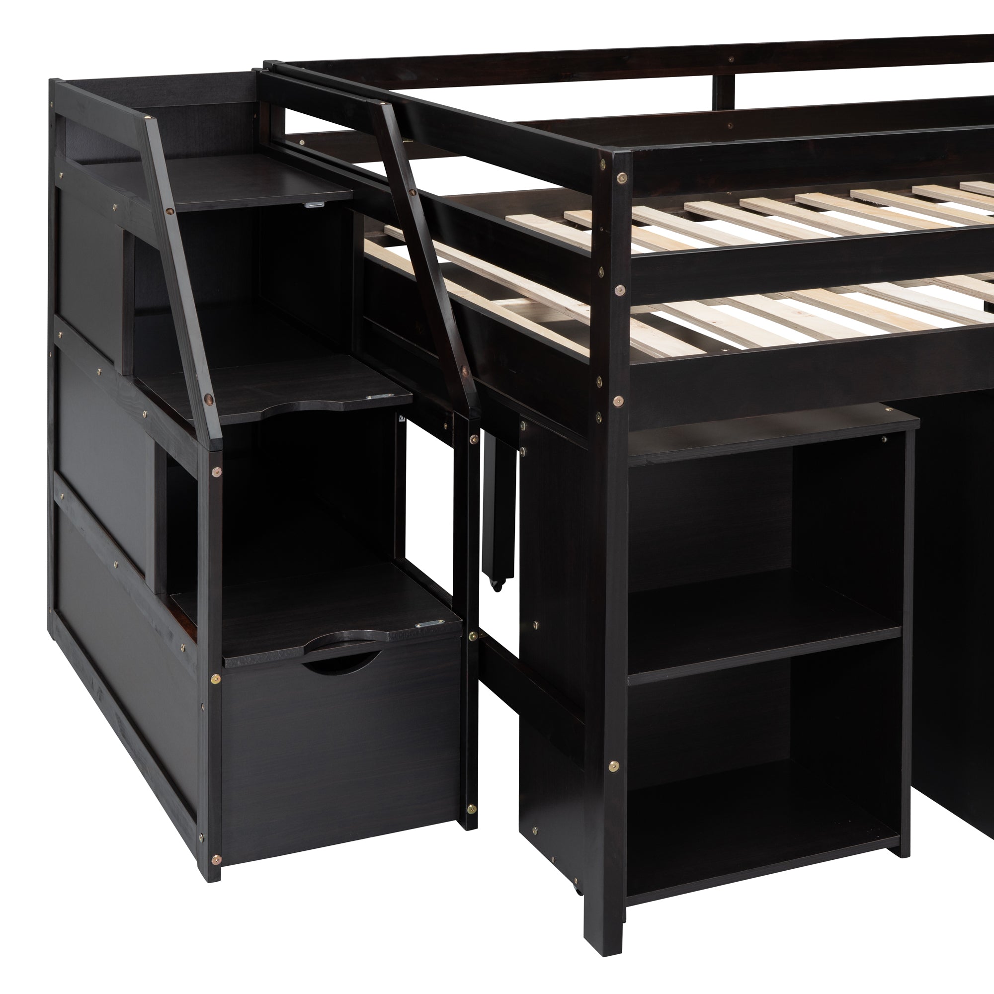 Full Size Loft Bed with Retractable Writing Desk and 3 Drawers, Wooden Loft Bed with Storage Stairs and Shelves, Espresso - Atlantic Fine Furniture Melbourne FL