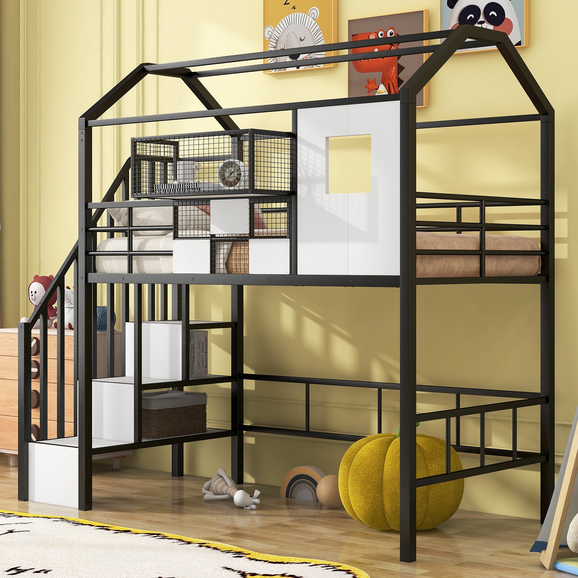 Metal Loft Bed with roof design and a storage box, Twin, Black - Atlantic Fine Furniture Melbourne FL