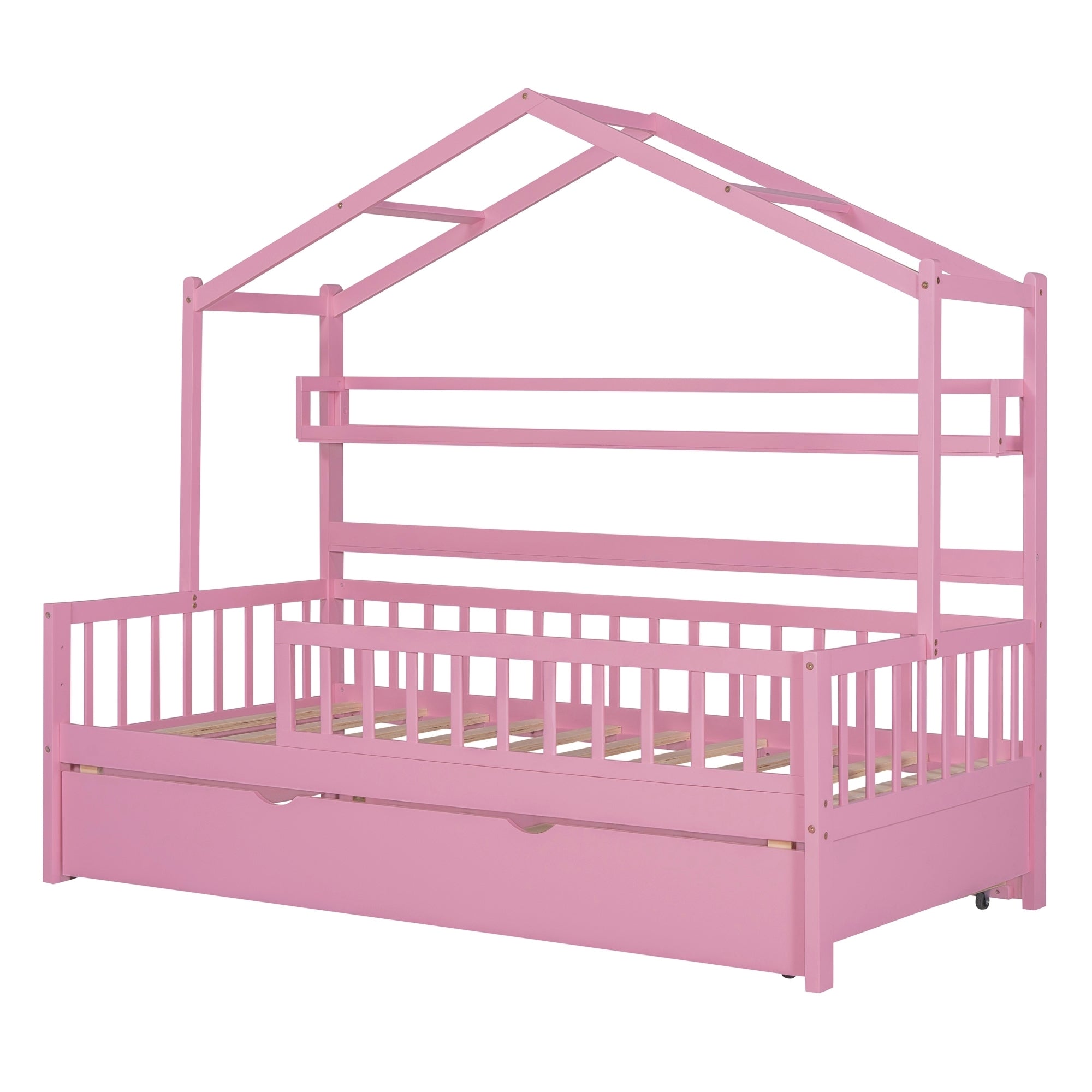 Wooden Twin Size House Bed with Trundle,Kids Bed with Shelf, Pink - Atlantic Fine Furniture Melbourne FL