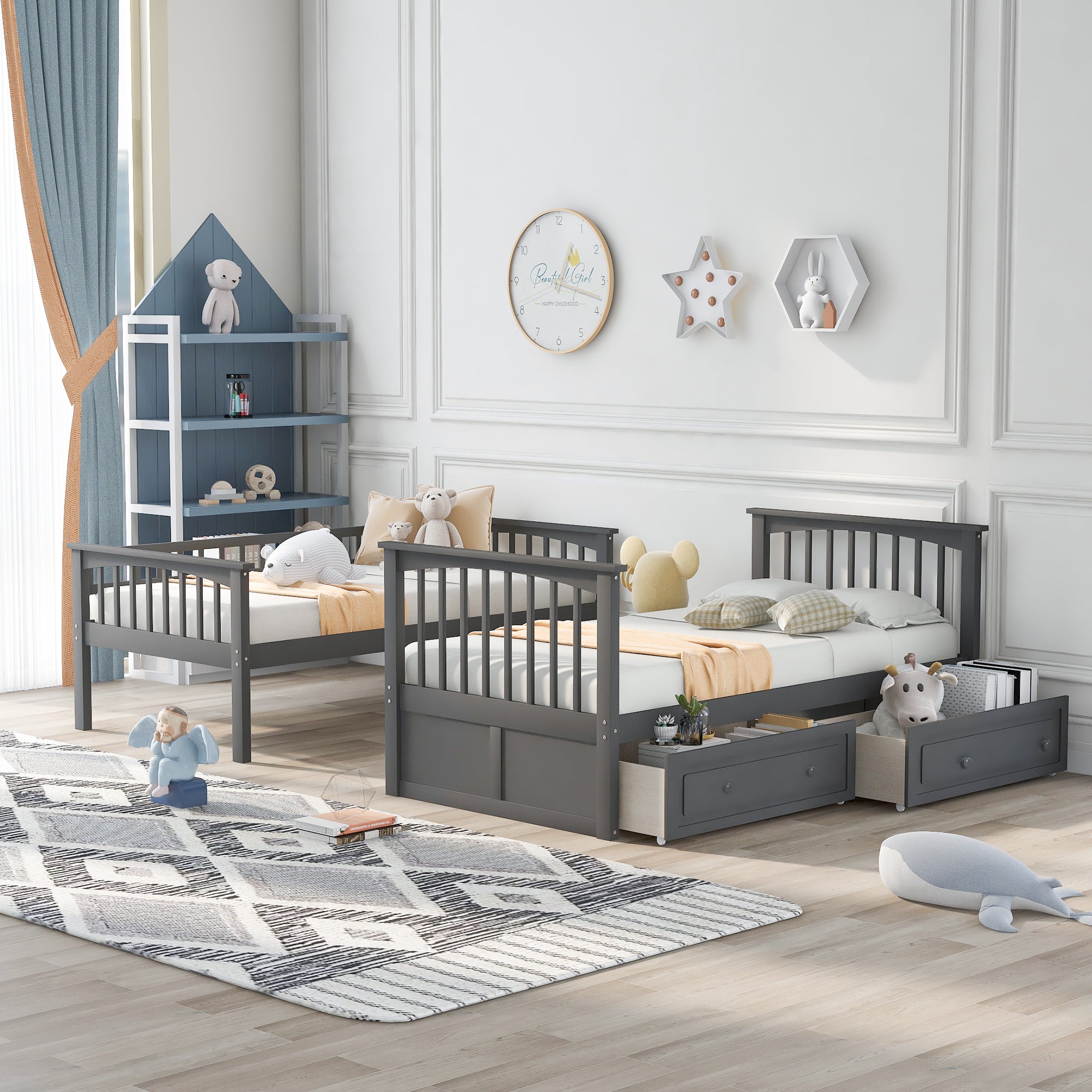 Twin over Twin Bunk Bed with Drawers, Convertible Beds, Gray(Old SKU: SM000240AAE-1) - Atlantic Fine Furniture Melbourne FL