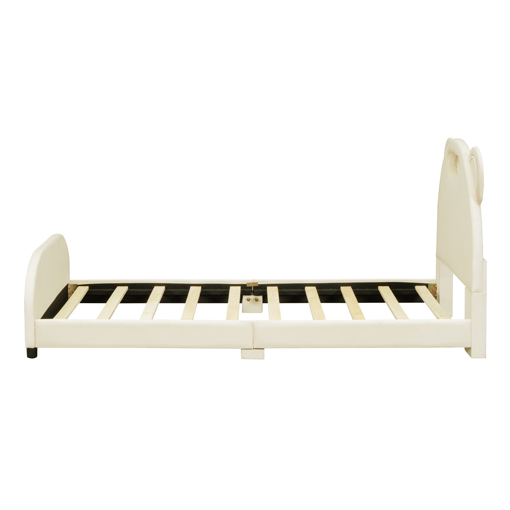 Twin Size Upholstered Platform Bed with Bear-Shaped Headboard and Embedded Light Stripe, Velvet, Beige - Atlantic Fine Furniture Melbourne FL