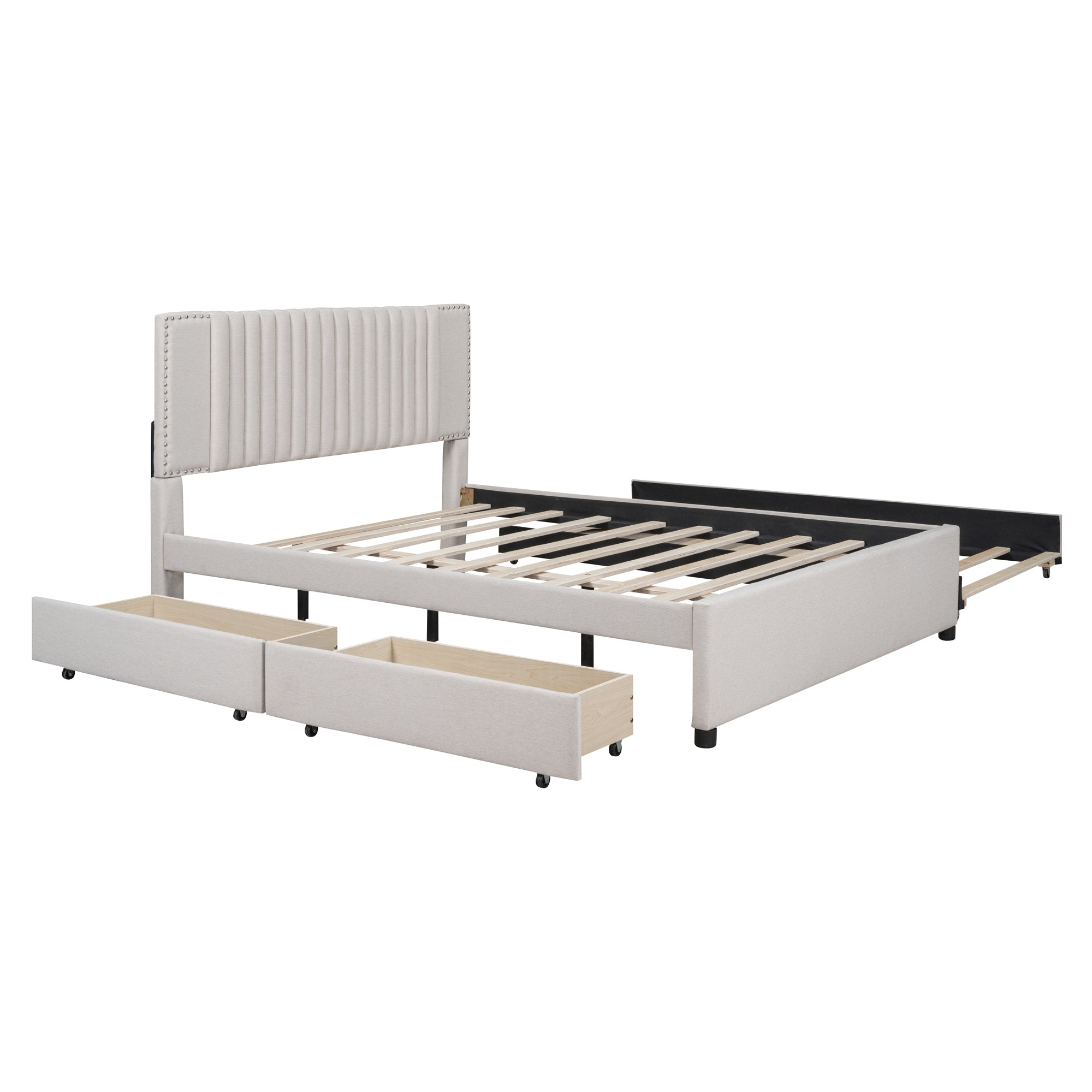 Queen Size Upholstered Platform Bed with 2 Drawers and 1 Twin XL Trundle, Classic Headboard Design, Beige - Atlantic Fine Furniture Melbourne FL