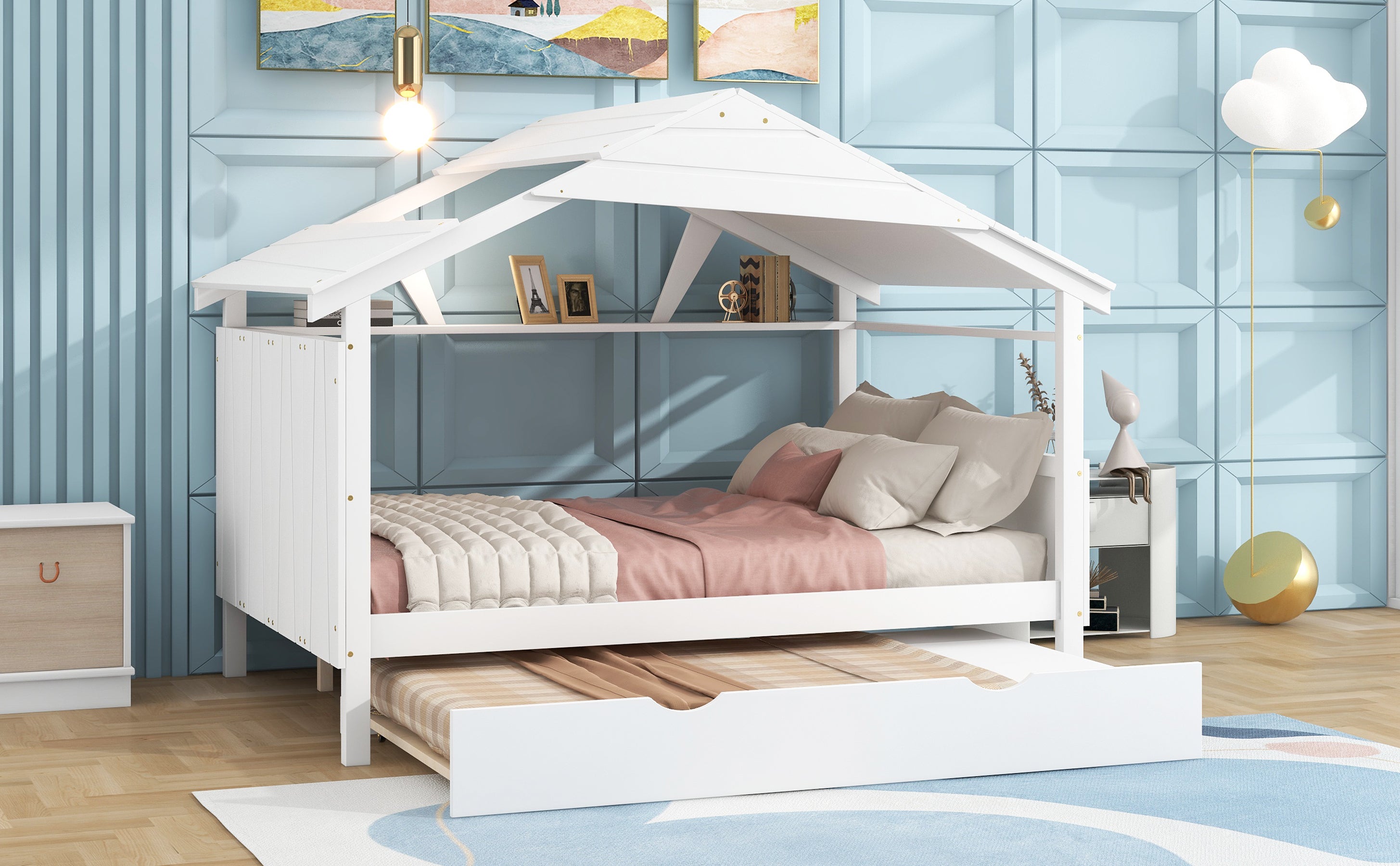 Wood Full Size House Bed with Twin Size Trundle and Storage, White - Atlantic Fine Furniture Melbourne FL