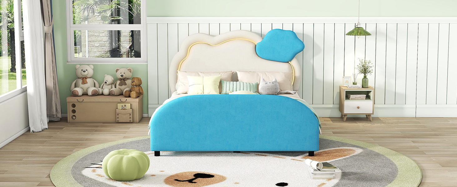 Full Size Upholstered Platform Bed with Cloud-Shaped Headboard and Embedded Light Stripe, Velvet, Blue - Atlantic Fine Furniture Melbourne FL
