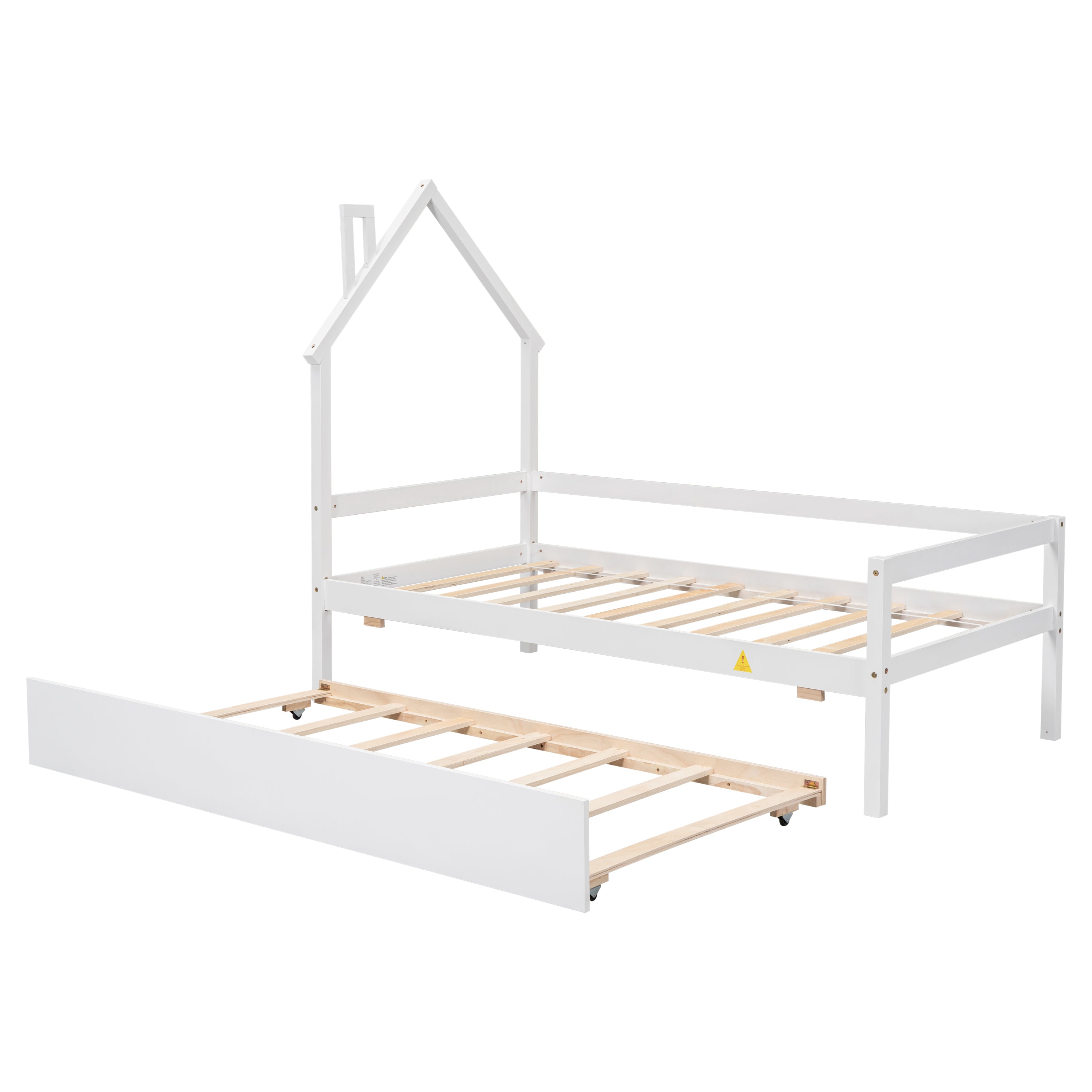 Twin House Wooden Daybed with trundle, Twin House-Shaped Headboard bed with Guardrails,White