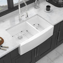Sink 33" Double Bowl 60 / 40 Kitchen Sink With Deep Basin And Grids - White