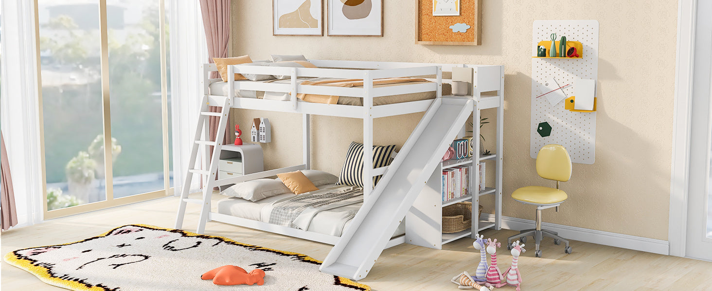 Full over Full Bunk Bed with Ladder, Slide and Shelves, White - Atlantic Fine Furniture Melbourne FL